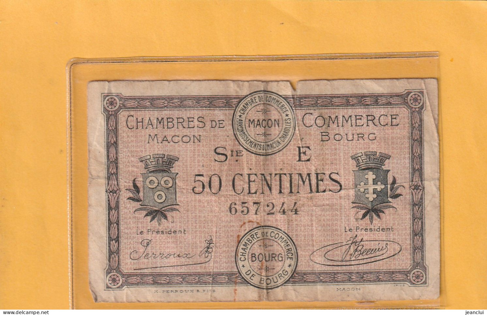 CHAMBRE DE COMMERCE DE MACON - BOURG . 50 Cts . EMISSION DU 27-4-1920 . SERIE E . N° 657244 . 2 SCANNES . BILLET USITE - Handelskammer