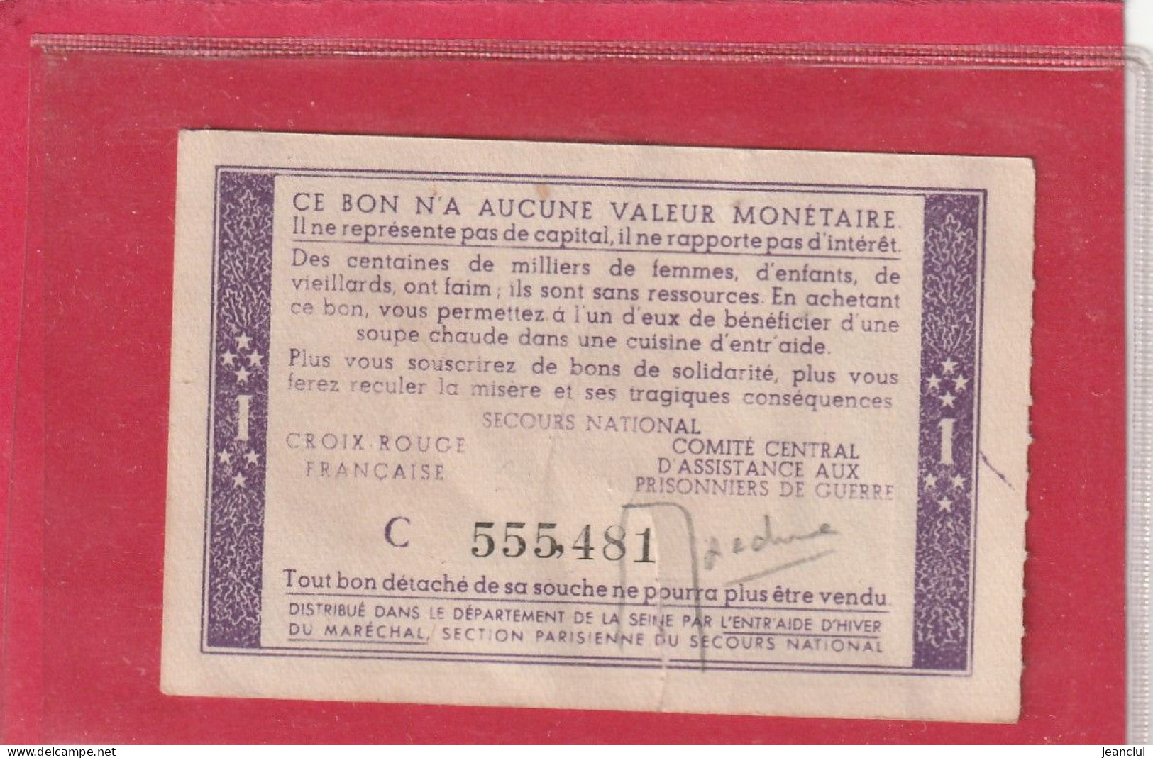 BON DE SOLIDARITE   1 F . Type PETAIN . N°  C  555.481  .  2 SCANNES - Bons & Nécessité