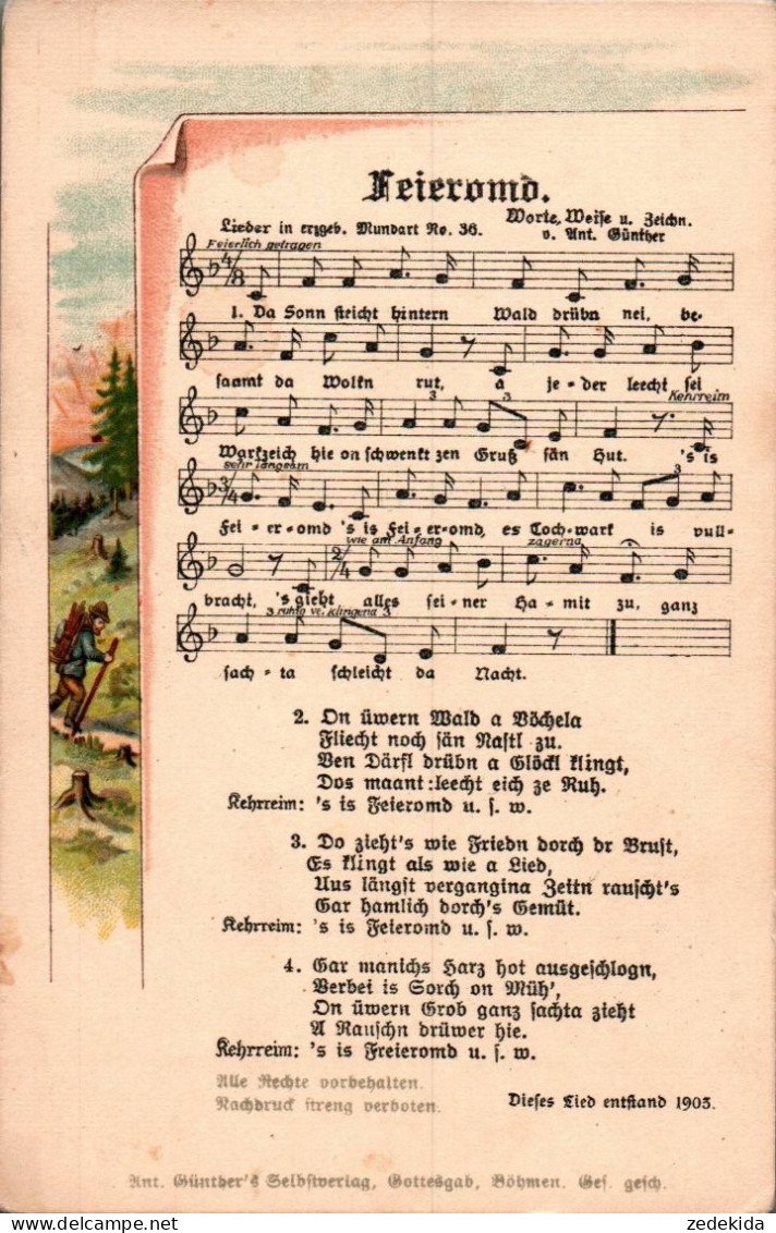 H1921 - Litho Anton Günther Liedkarte - Feierobnd - Gottesgab Sudetengau - Musik Und Musikanten