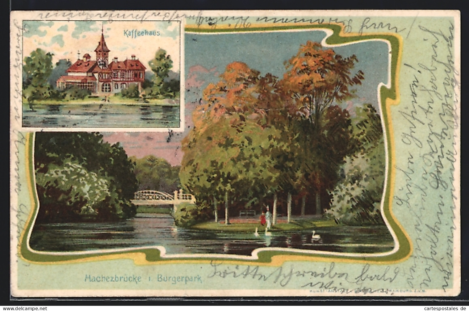 Lithographie Bremen, Hachezbrücke Im Bürgerpark, Kaffhaus  - Bremen