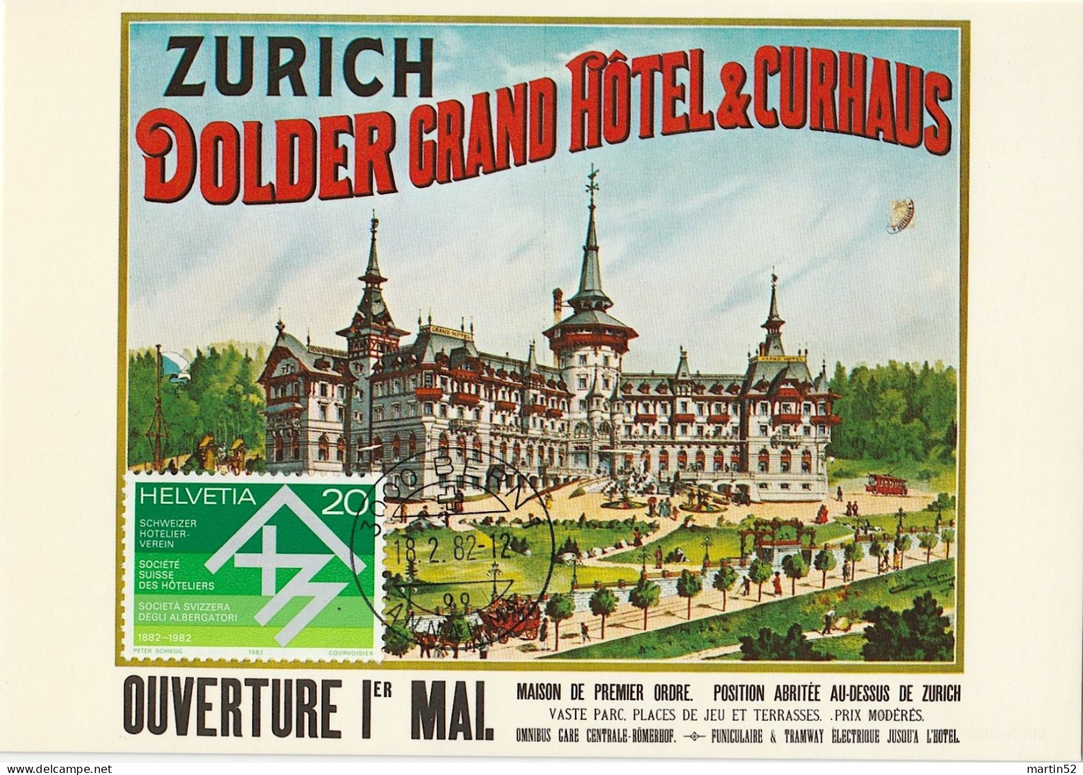 Schweiz Suisse 1982: Zu 663 Mi 1216 Yv 1143 Auf Maxi-Karte CM "DOLDER GRAND HOTEL & CURHAUS" Mit ⊙ BERN 18.2.82 - Hotels- Horeca