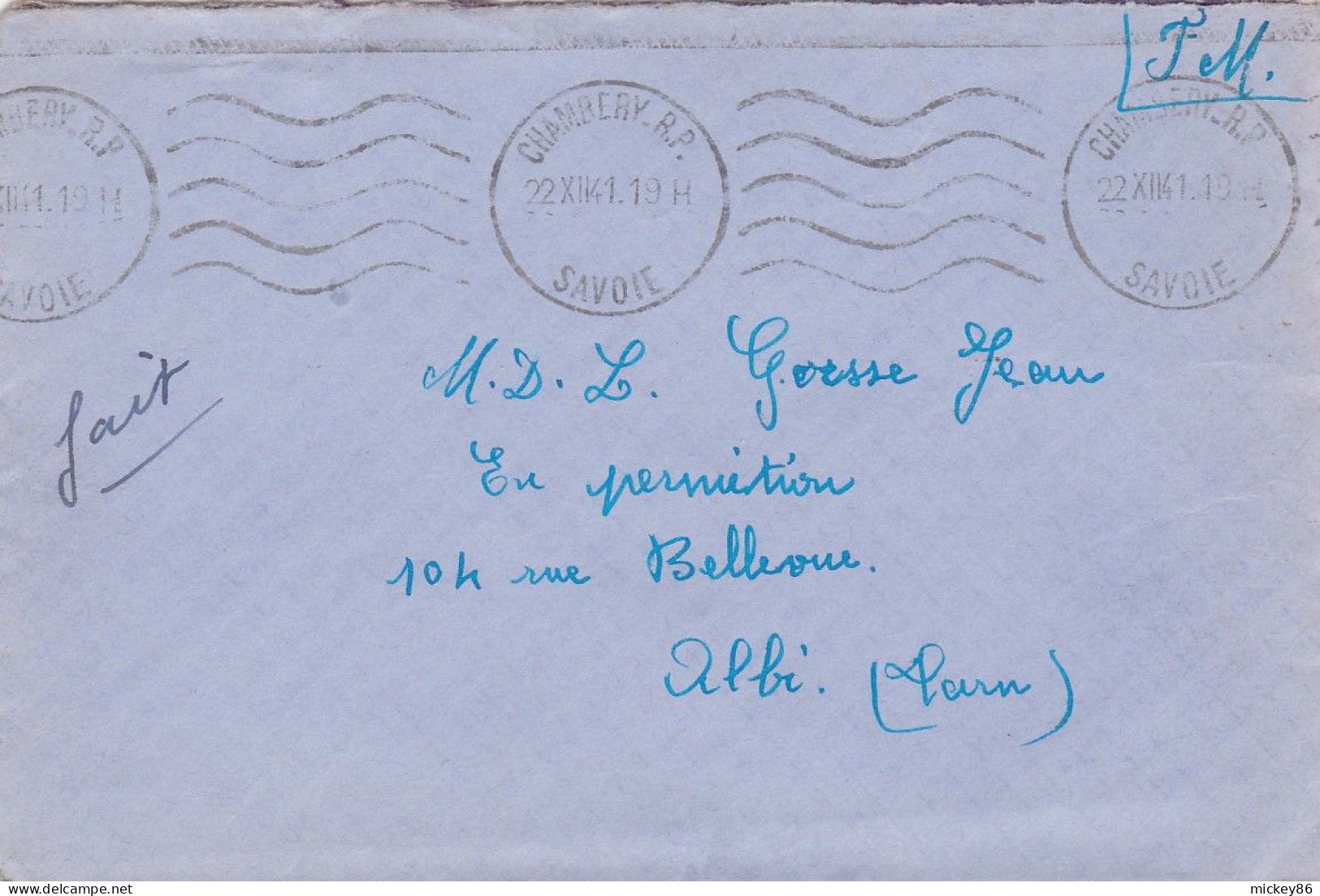 1941--lettre F.M De CHAMBERY RP  Pour ALBI-81- Cachet Mécanique KRAG  Du 22-12-41 - 1921-1960: Modern Period