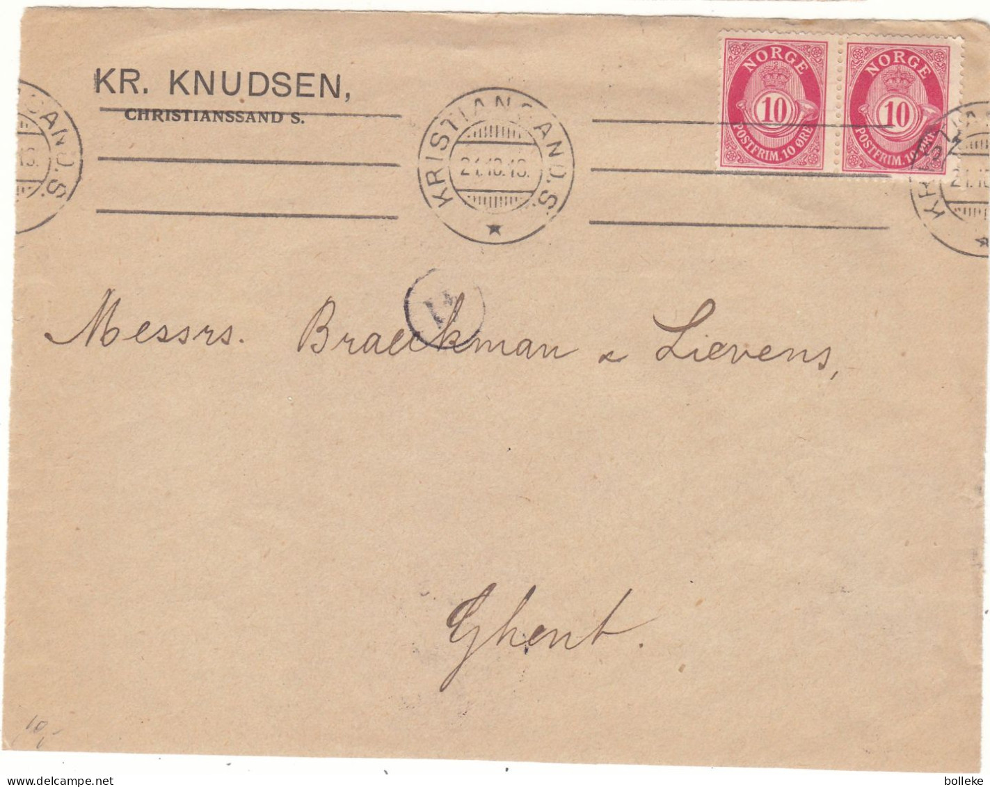 Norvège - Devant De Lettre De 1910 - Oblit Kristiansand - Exp Vers Ghent - - Storia Postale