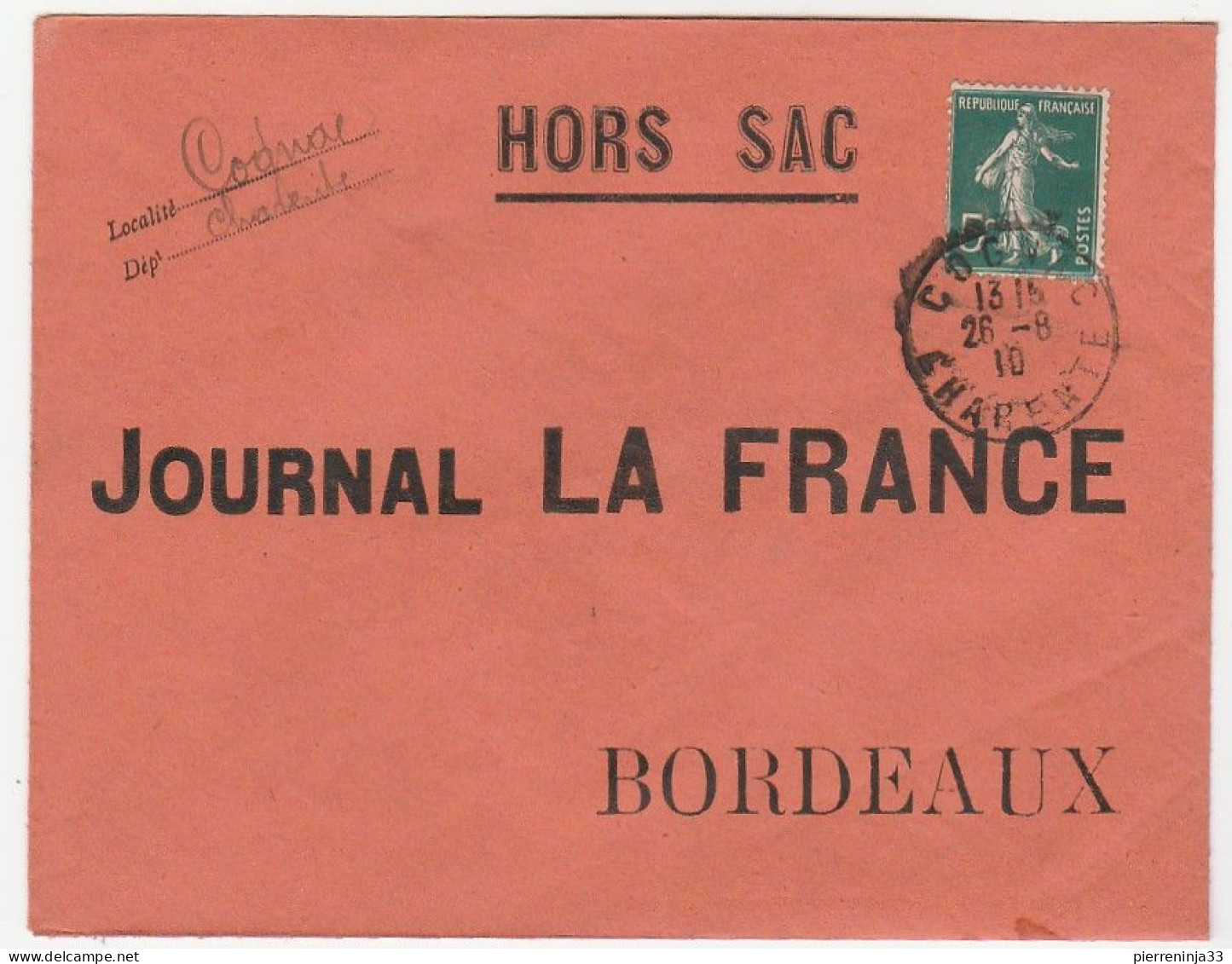 Lettre Hors Sac Avec Type Semeuse, Oblitération Cognac/Charente, Journal La France, 1910 - Covers & Documents