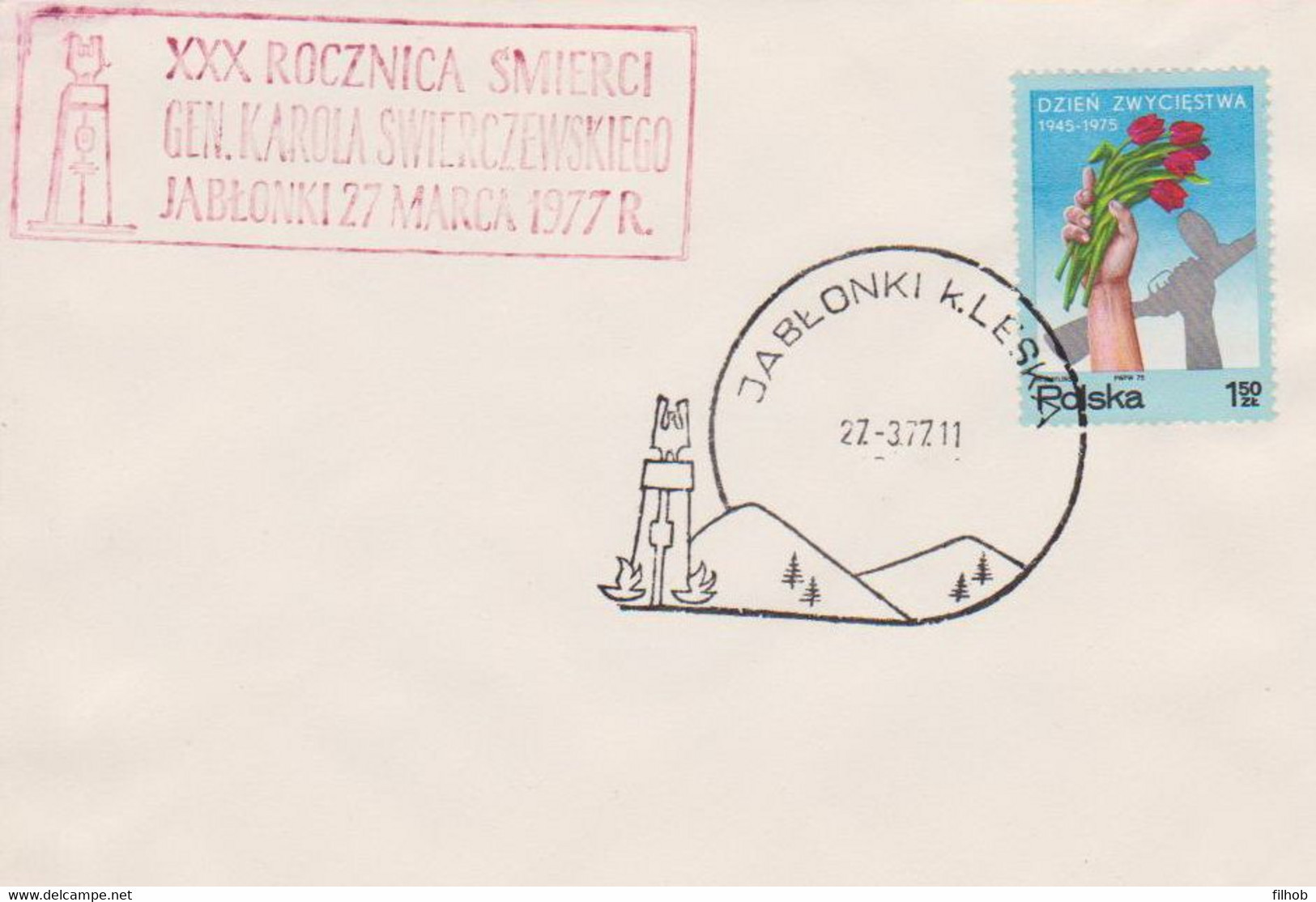 Poland Postmark D77.03.27 JABLONKI.kop: K. Lesko K. Swierczewski Monument 30 Y. - Interi Postali