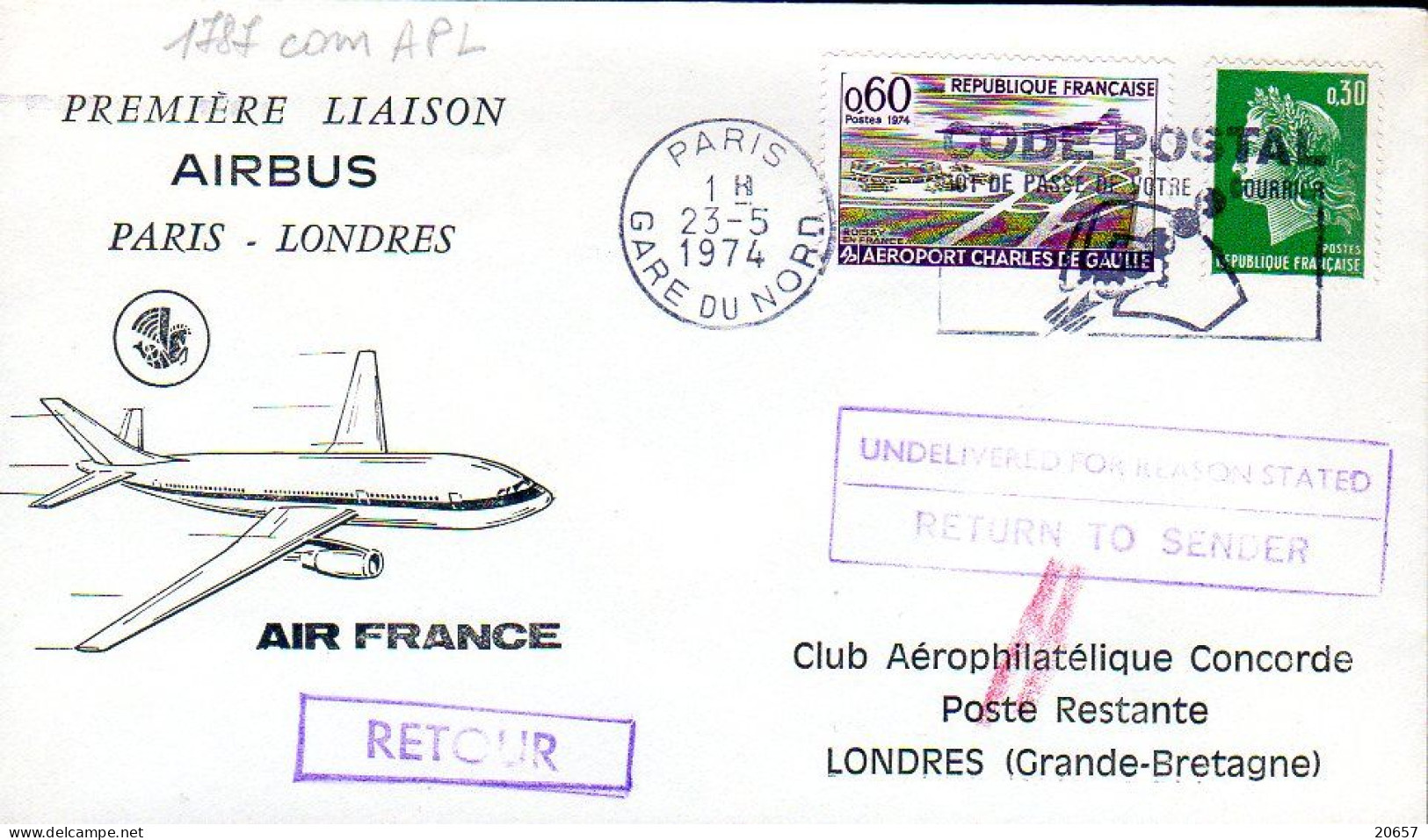 France 1787 Airbus 1er Vol Paris London 23 05 1974, Club Concorde - Airplanes