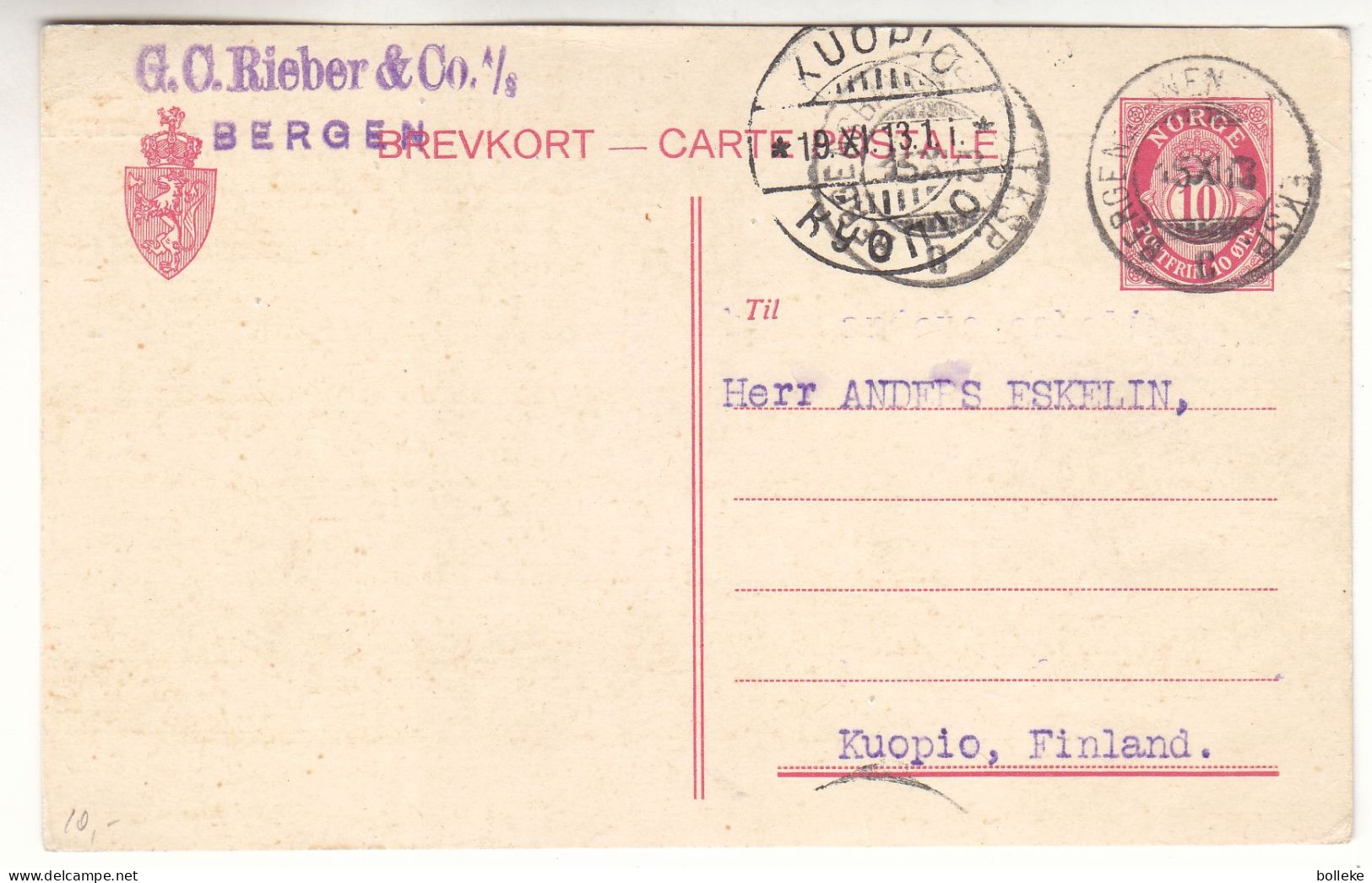 Norvège - Carte Postale De 1913 - Entier Postal - Oblit Bergen - Exp Vers Kuopio - - Lettres & Documents