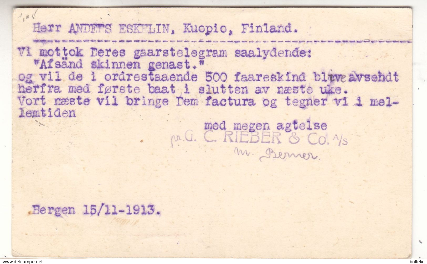 Norvège - Carte Postale De 1913 - Entier Postal - Oblit Bergen - Exp Vers Kuopio - - Cartas & Documentos