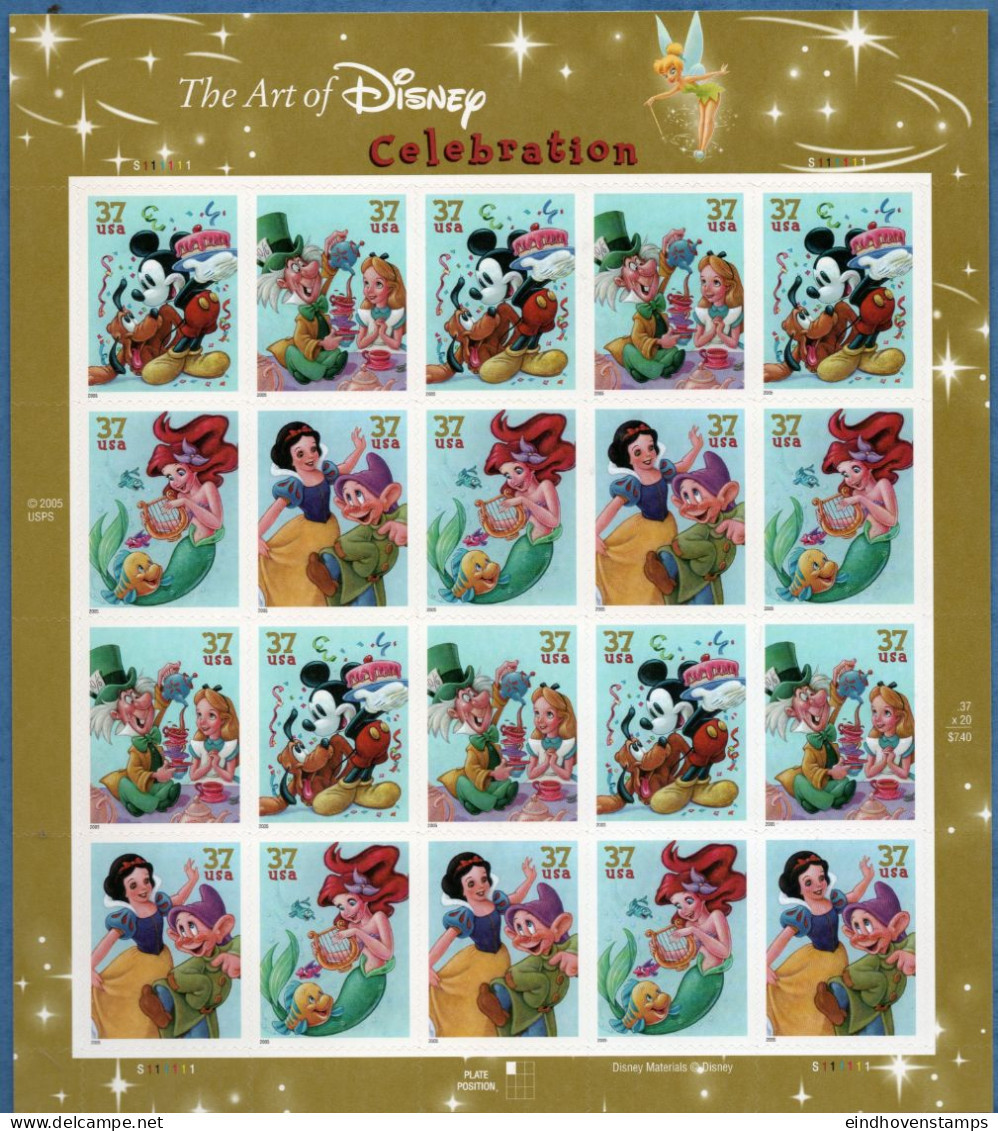 USA 2005 Disney Comics Sheet MNH Mickey Mouse & Pluto, Mad Hatter & Alice, Arielle,Snowwhite & Dwarf - Cinéma