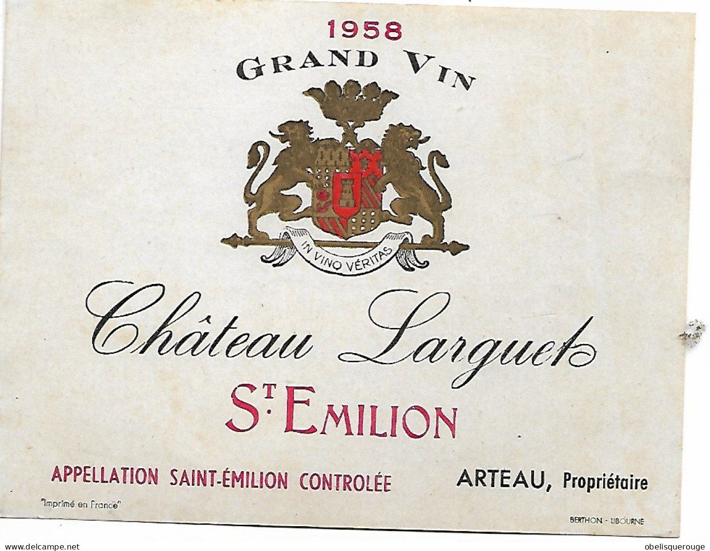 Château LARQUET ST EMILION 1958 ETIQUETTE NON COLLEE ARTEAU - Bordeaux