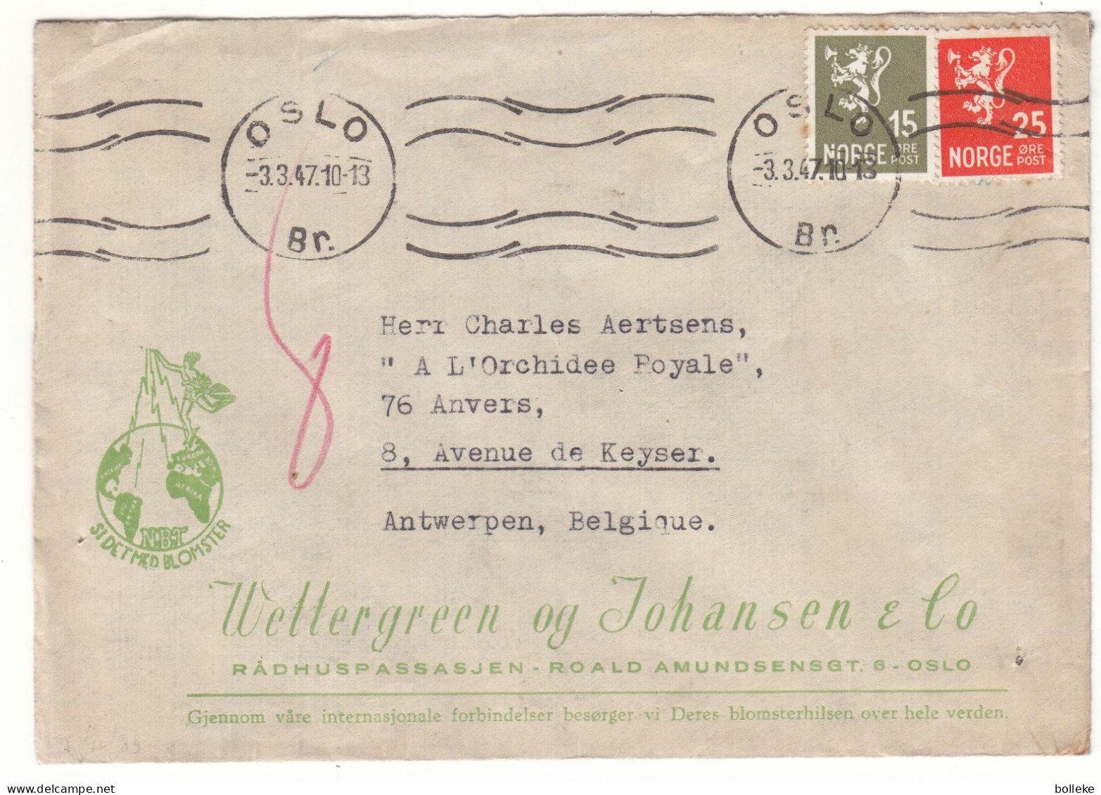 Norvège - Lettre De 1947 - Oblit Oslo - Exp Vers Anvers - Fleurs - - Lettres & Documents