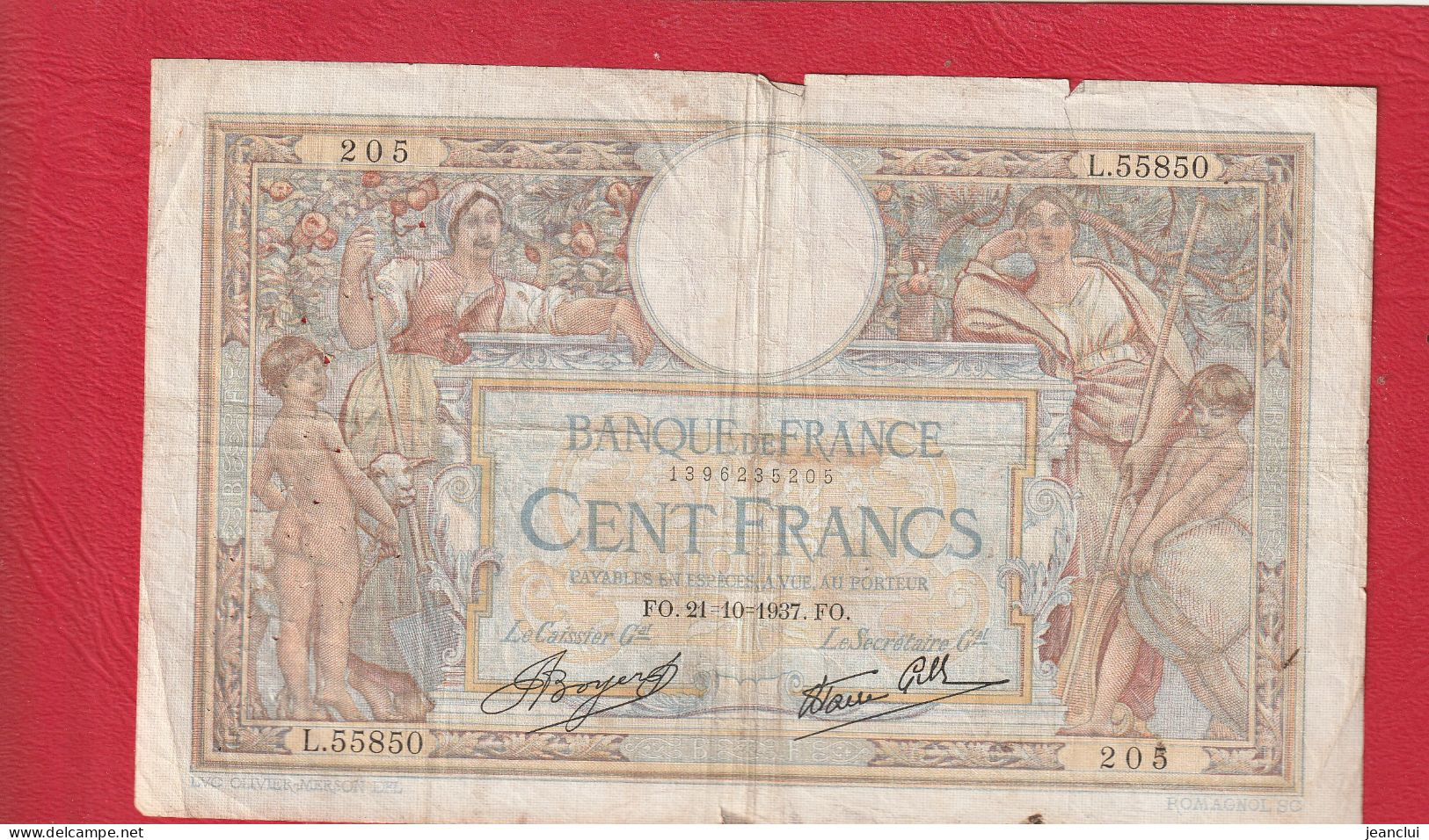 ** RARE **  100 ANCIENS FRANCS TYPE  LOM 02 . CAISSIER GENERAL **  21-10-1937 . SERIE L.55850  N° 205 .  BOYER-FAVRE GIL - 100 F 1908-1939 ''Luc Olivier Merson''