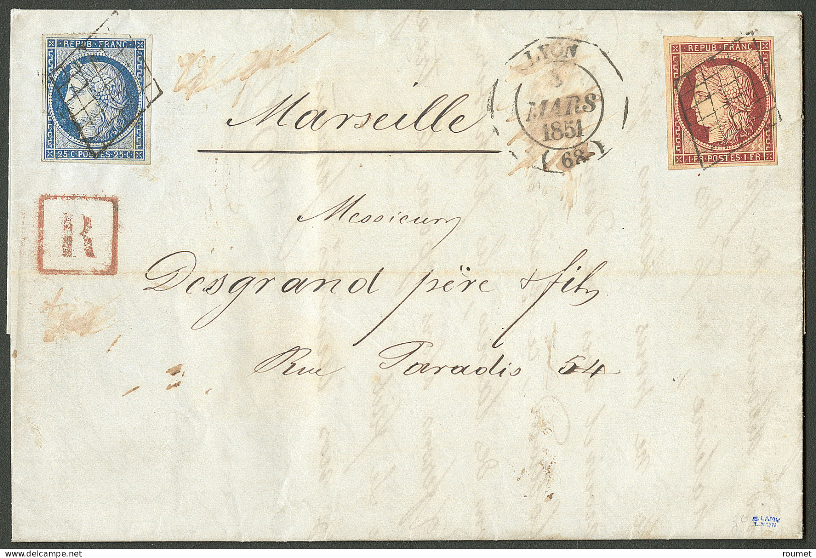 No 4 + 6, Obl Grille Sur Lettre Avec Cad D'essai Octogonal  De Lyon 4 Mars 51, Recommandée Pour Marseille, Pièce Superbe - 1849-1850 Cérès