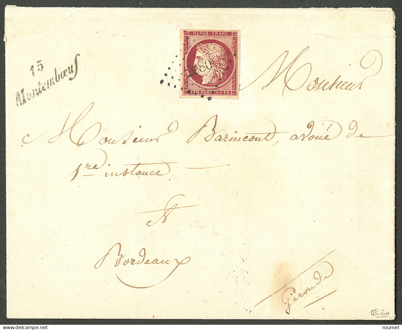 Lettre.  No 6, Superbe Nuance Proche Du "cerise", Obl Pc 2080 Sur Lettre Avec Cursive "15/Montboeuf", D' Avril 54 Pour B - 1849-1850 Cérès