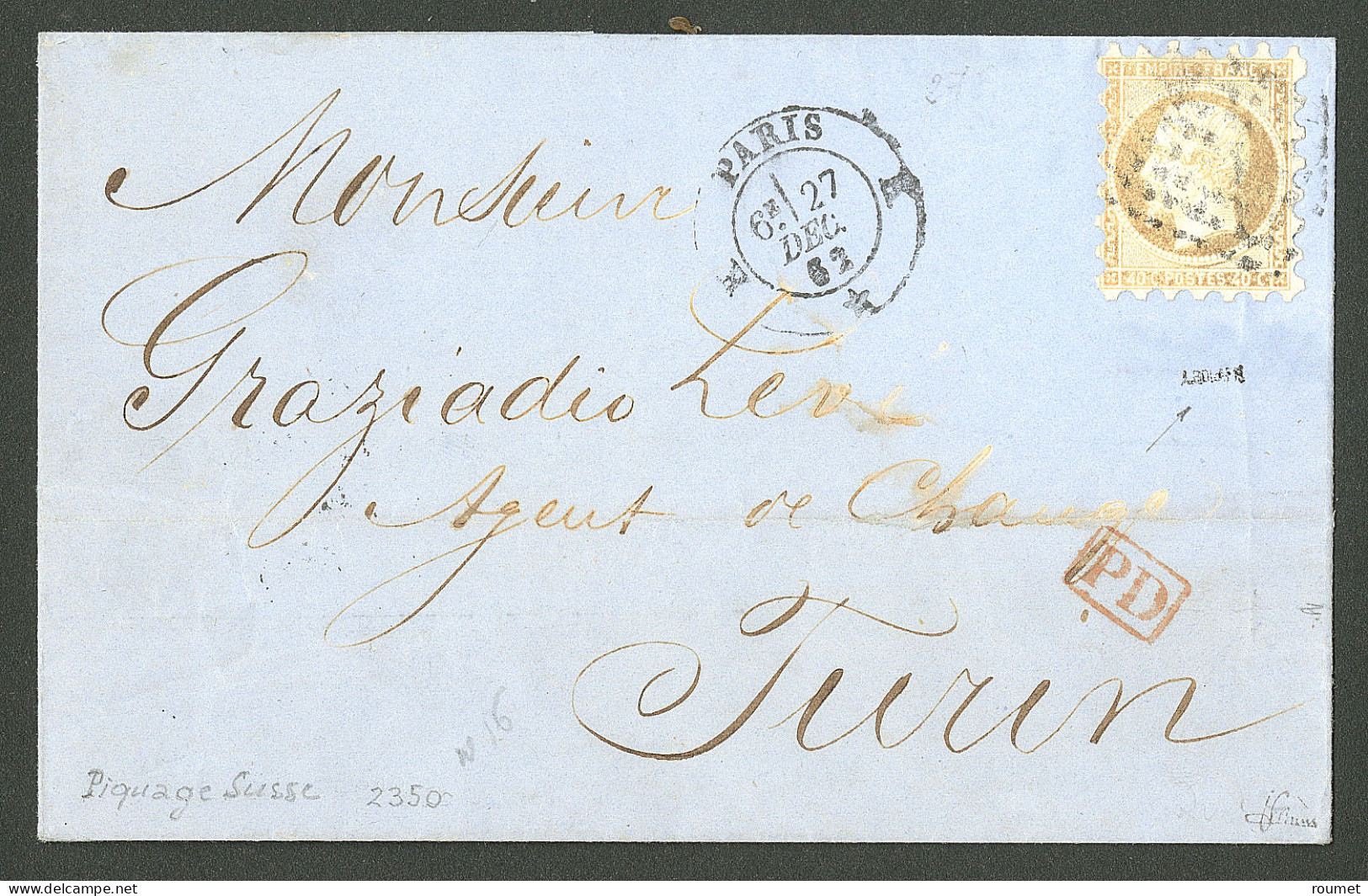 Piquage Susse. No 16 (oxydé), Obl Losange "K" Sur Lettre De Déc 62 Pour Turin. - TB - 1853-1860 Napoléon III.