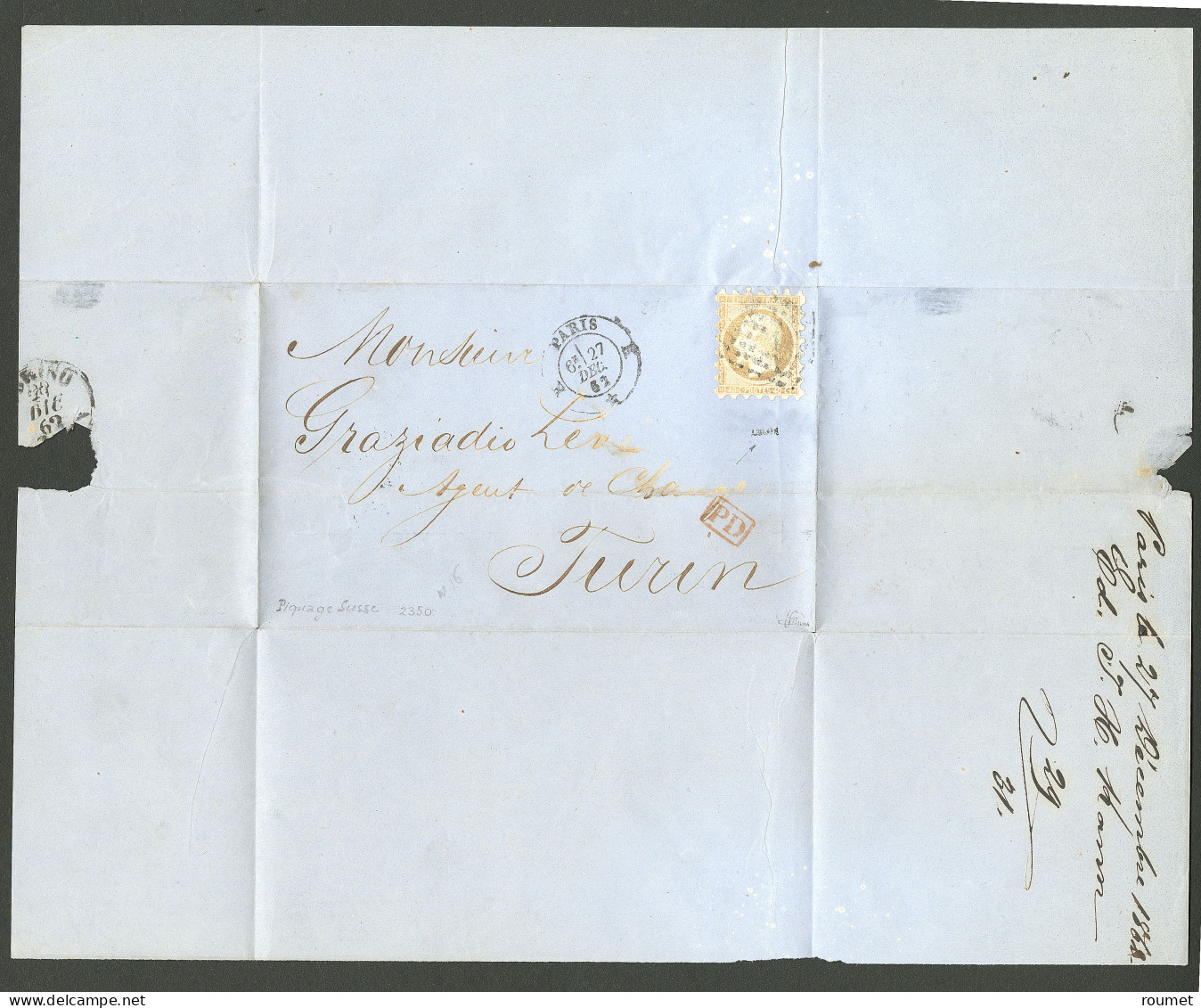 Piquage Susse. No 16 (oxydé), Obl Losange "K" Sur Lettre De Déc 62 Pour Turin. - TB - 1853-1860 Napoléon III
