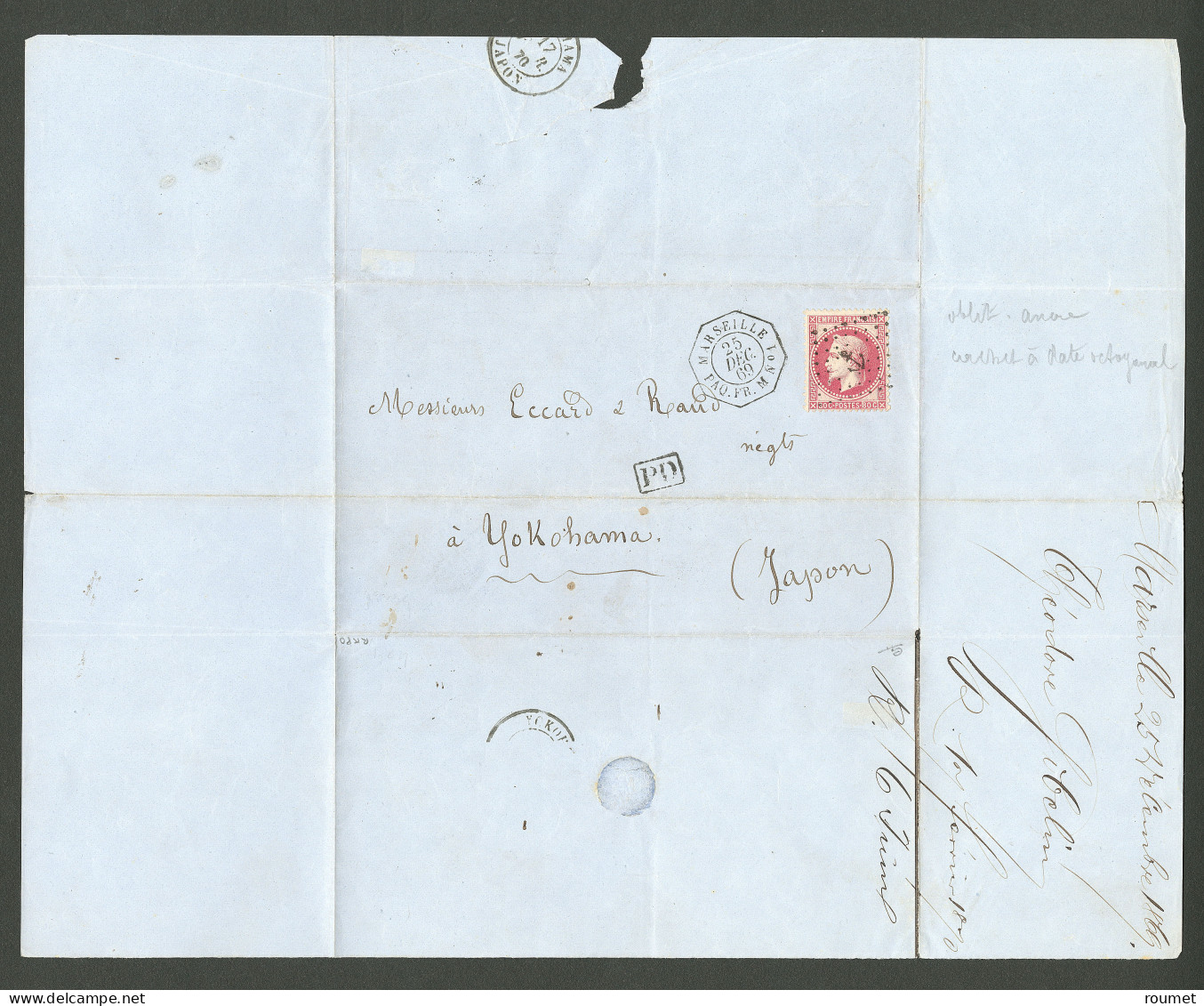 EMPIRE LAURE.Lettre.  Pour Yokohama. No 32 Obl Ancre, Sur Lettre Avec Cad Octog. "Marseille Paq.Fr. M N°1" De Déc 69, Ar - 1863-1870 Napoleon III With Laurels