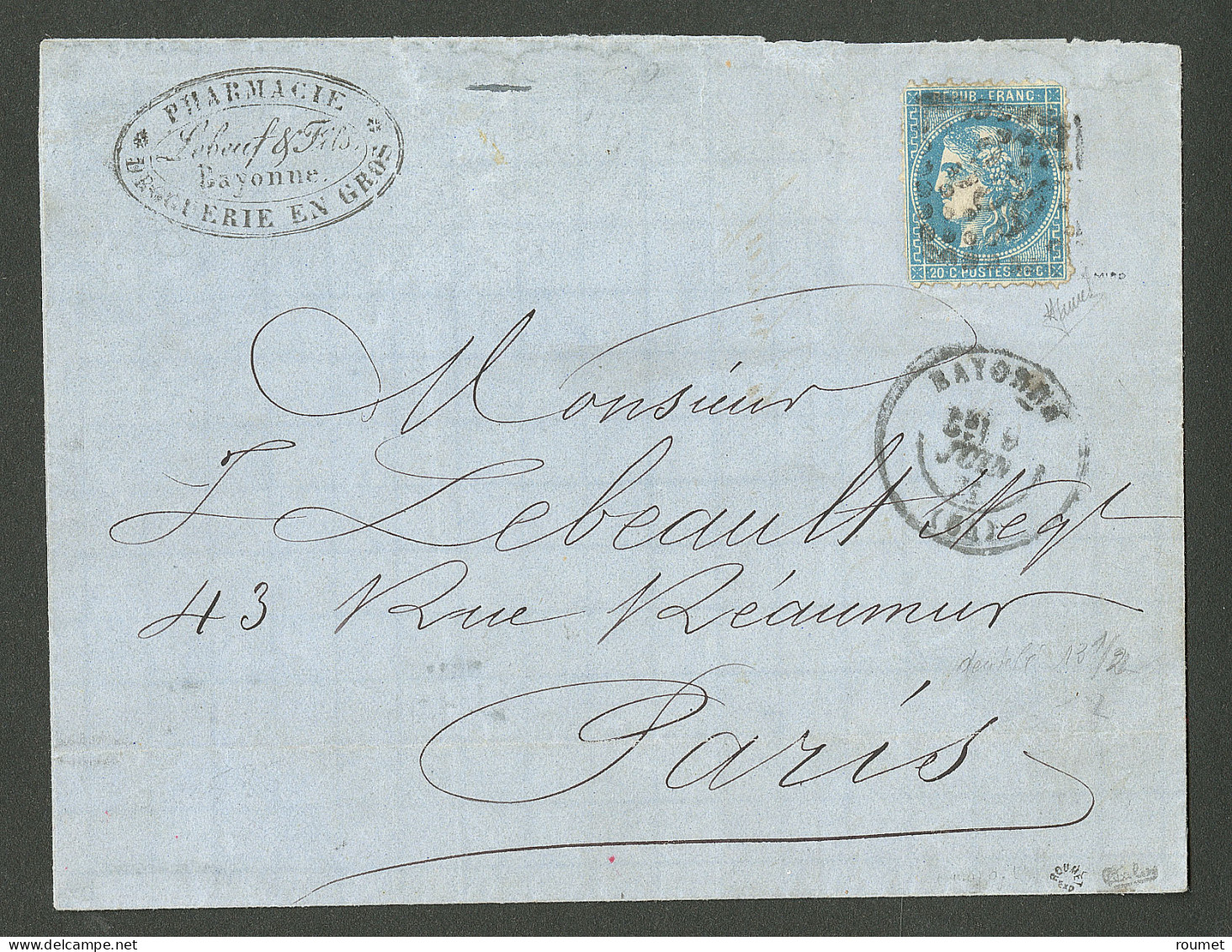 Piquage De Bayonne. No 46B, Obl Gc 359 Sur Lettre De Bayonne Juin 71 Pour Paris. - TB - R - 1870 Bordeaux Printing