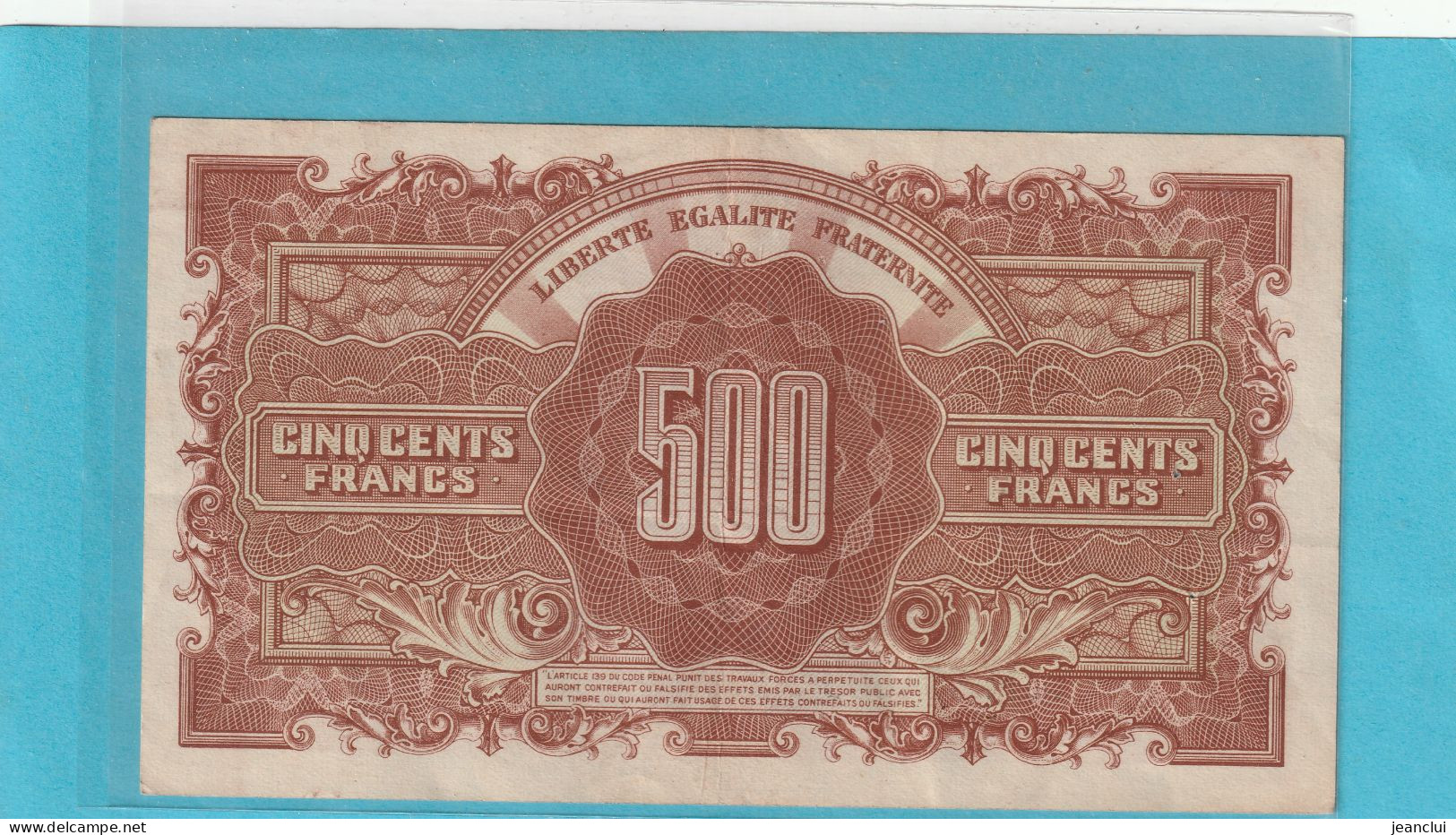 ** RARE ** 500 FRANCS Type ANGLAIS 1945 MARIANNE DULAC .  N°  95 M 504609  PETITES TRACES DE PLI .  2 SCANNES - 1943-1945 Maríanne