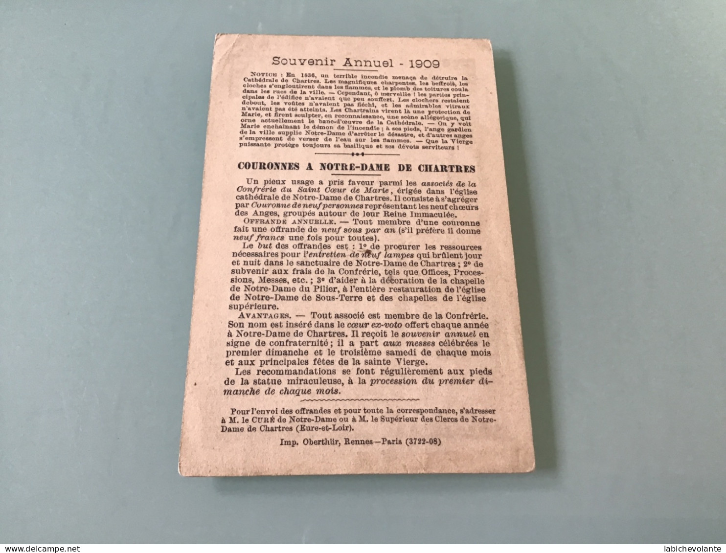 Image Pieuse - Notre-Dame De CHARTRES. - Souvenir Annuel 1909 - Godsdienst & Esoterisme