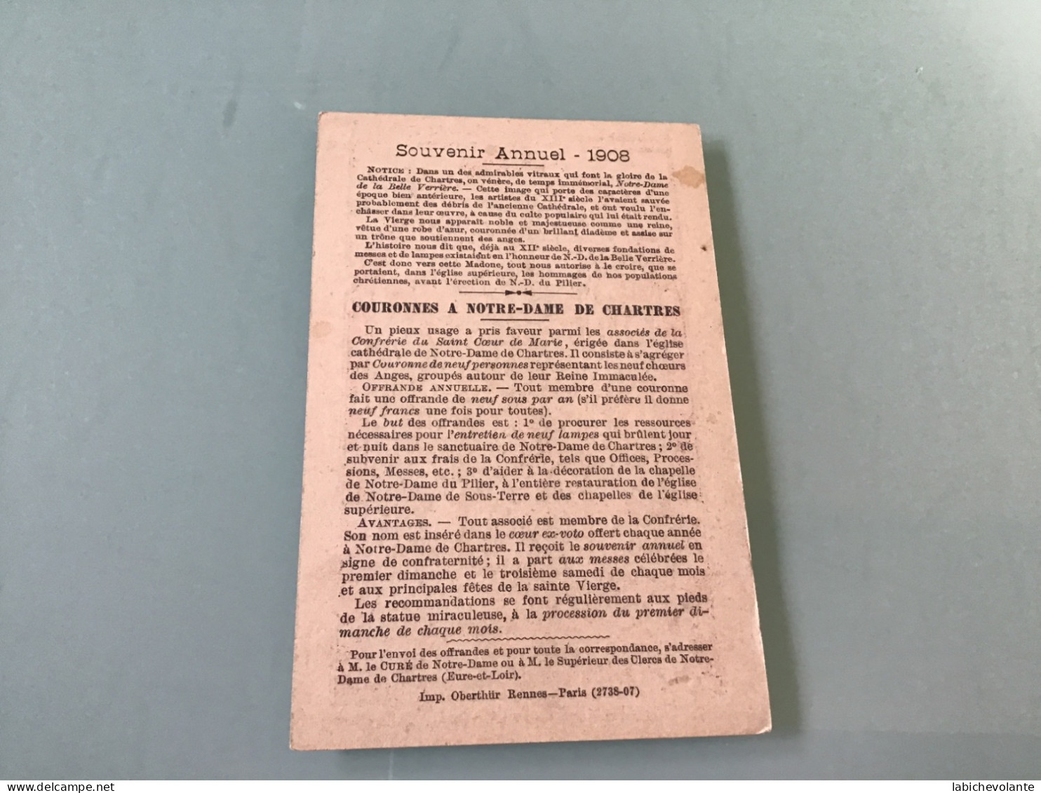 Image Pieuse - Notre-Dame De CHARTRES. - Souvenir Annuel 1908 - Religion &  Esoterik