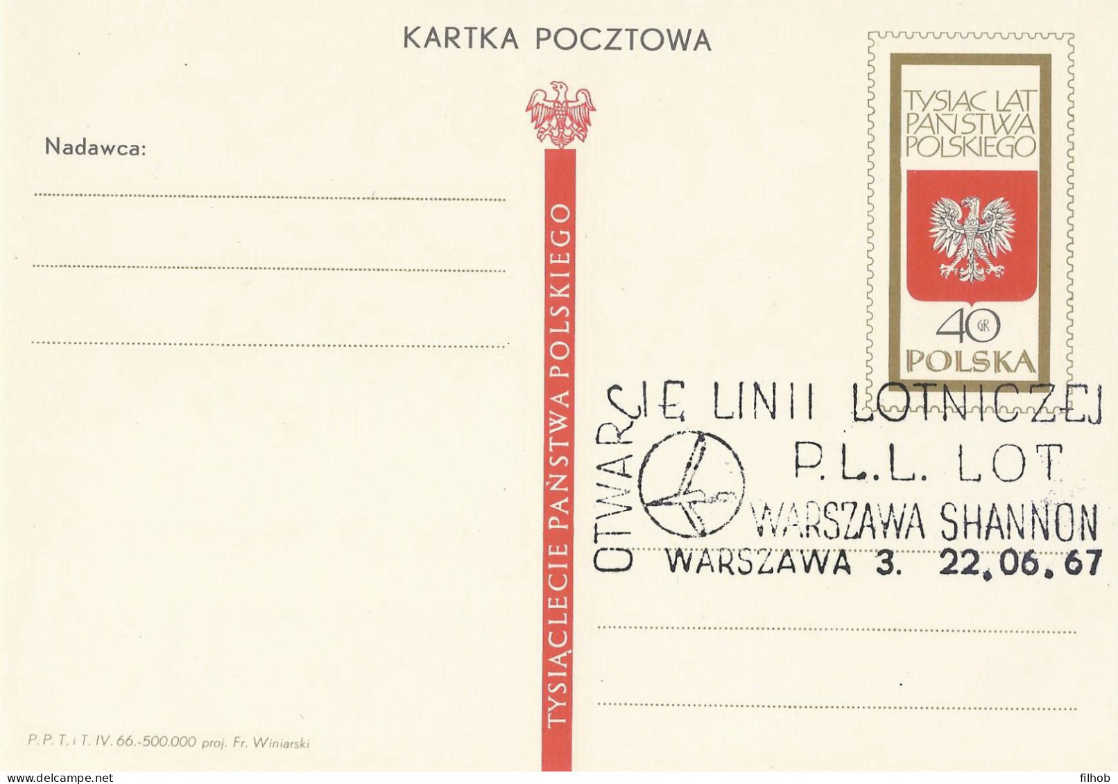 Poland Postmark D67.06.22 WARSZAWA.03: Aviation LOT Opening Of The Airline Shannon - Stamped Stationery