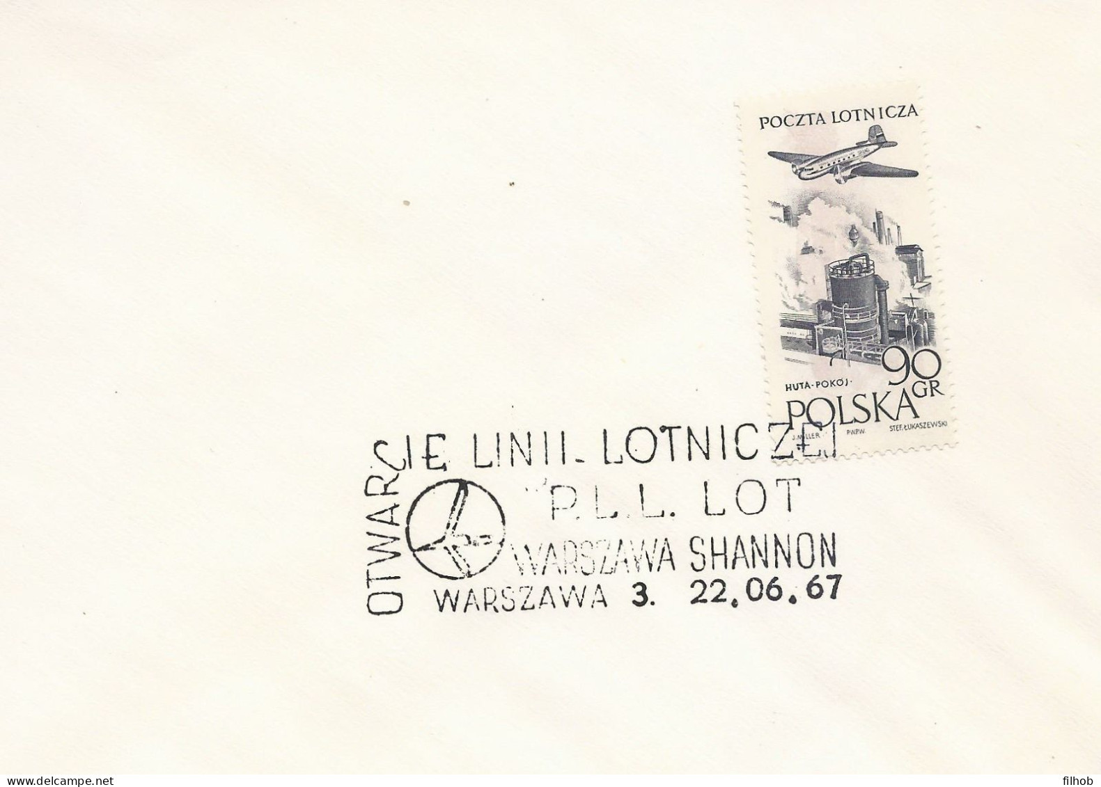 Poland Postmark D67.06.22 WARSZAWA.04kop: Aviation LOT Opening Of The Airline Shannon - Ganzsachen