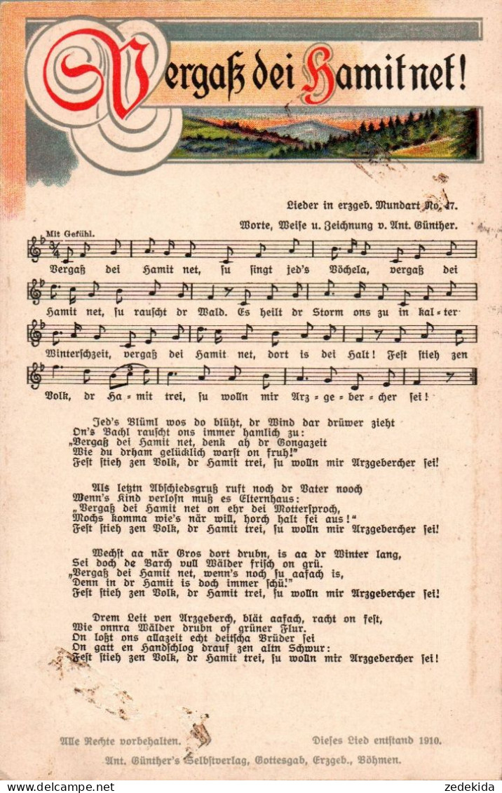H1935 - Anton Günther Liedkarte - Vergaß Mei Hamit Net - Gottesgab Sudentengau - Muziek En Musicus