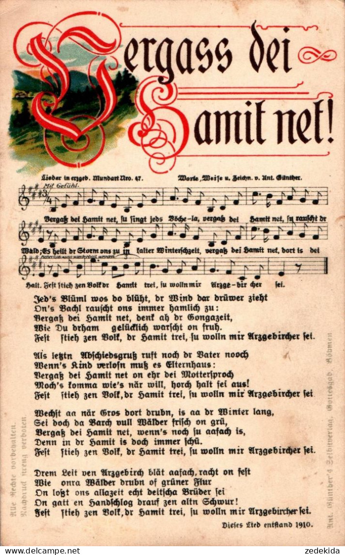 H1936 - Litho Anton Günther Liedkarte - Vergaß Mei Hamit Net - Gottesgab Sudentengau - Muziek En Musicus