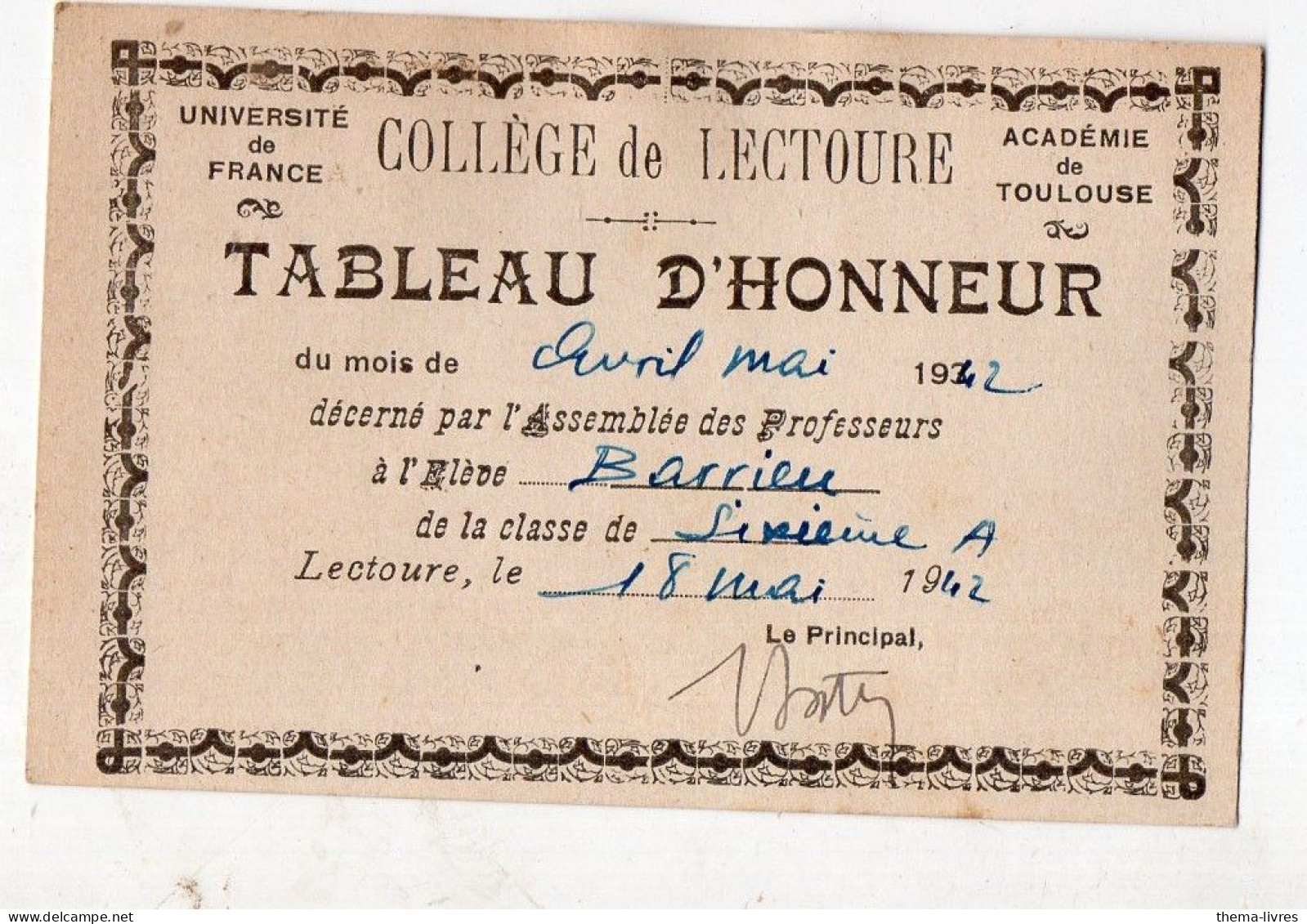 Lectoure  (32) Tableau D'honneur College 1942  (PPP47334) - Diploma & School Reports