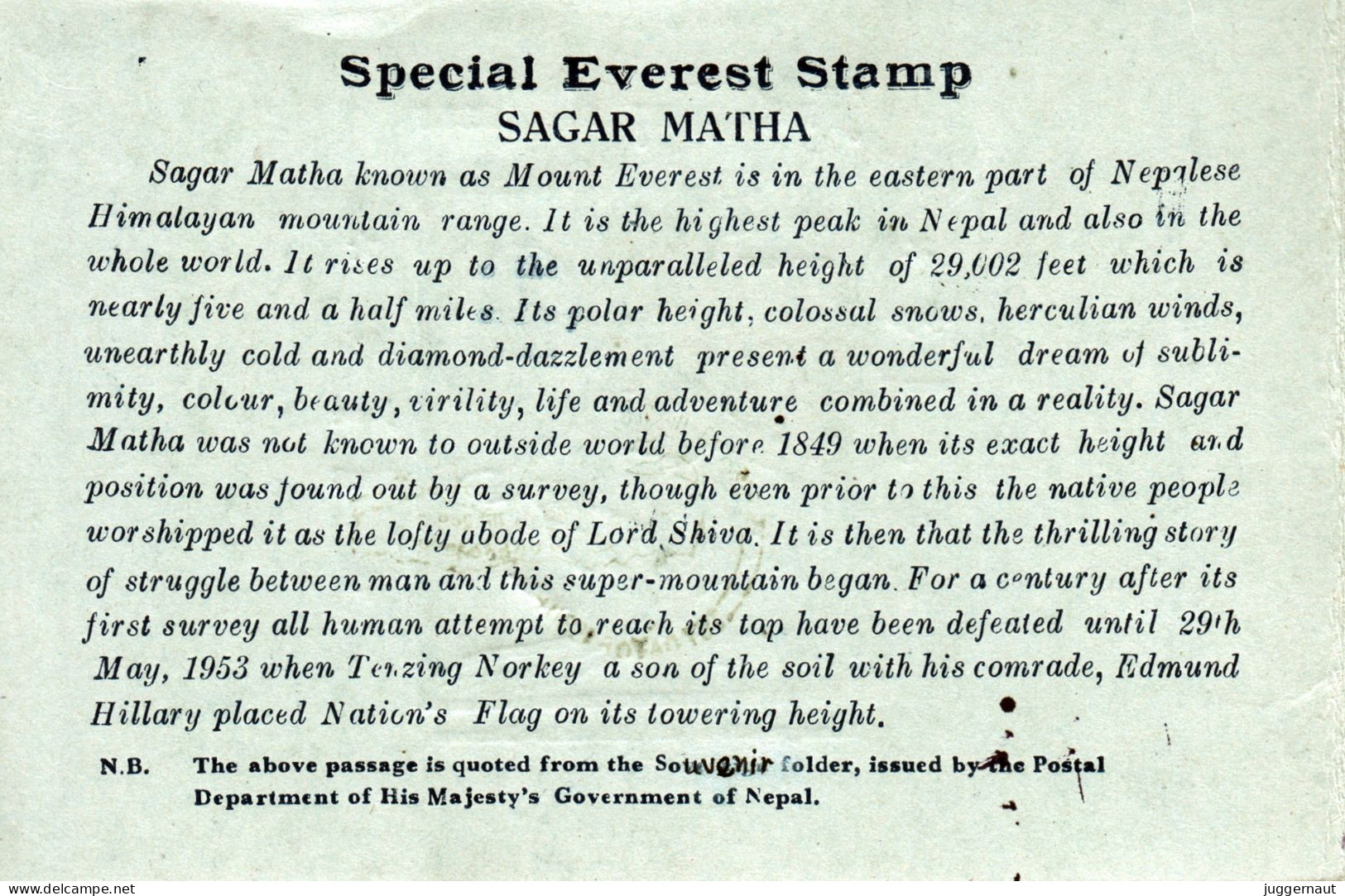 Mt. Everest Postage Stamp Folder FDC 1960 Nepal - Mountains