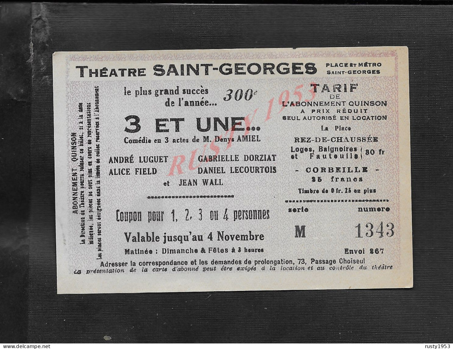ANCIEN TICKET D ENTRÉE THÉATRE SAINT GEORGES PARIS  : - Tickets D'entrée