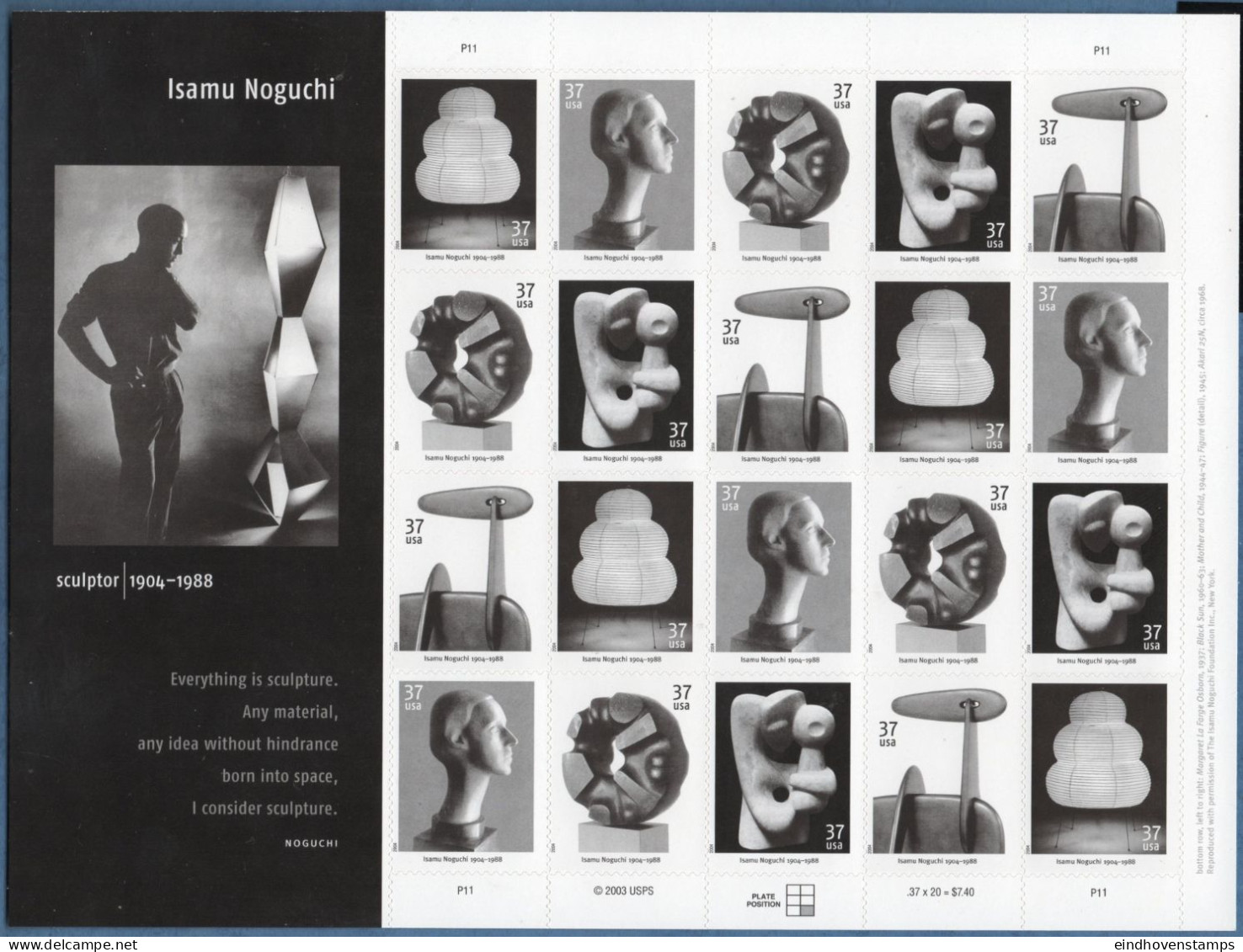 USA 2004 Isamu Noguchi Sculptor, Sculptures Foil Sheet 20 Values MNH Black Sun, Akari, Mother & Child, Margaret La Farge - Beeldhouwkunst