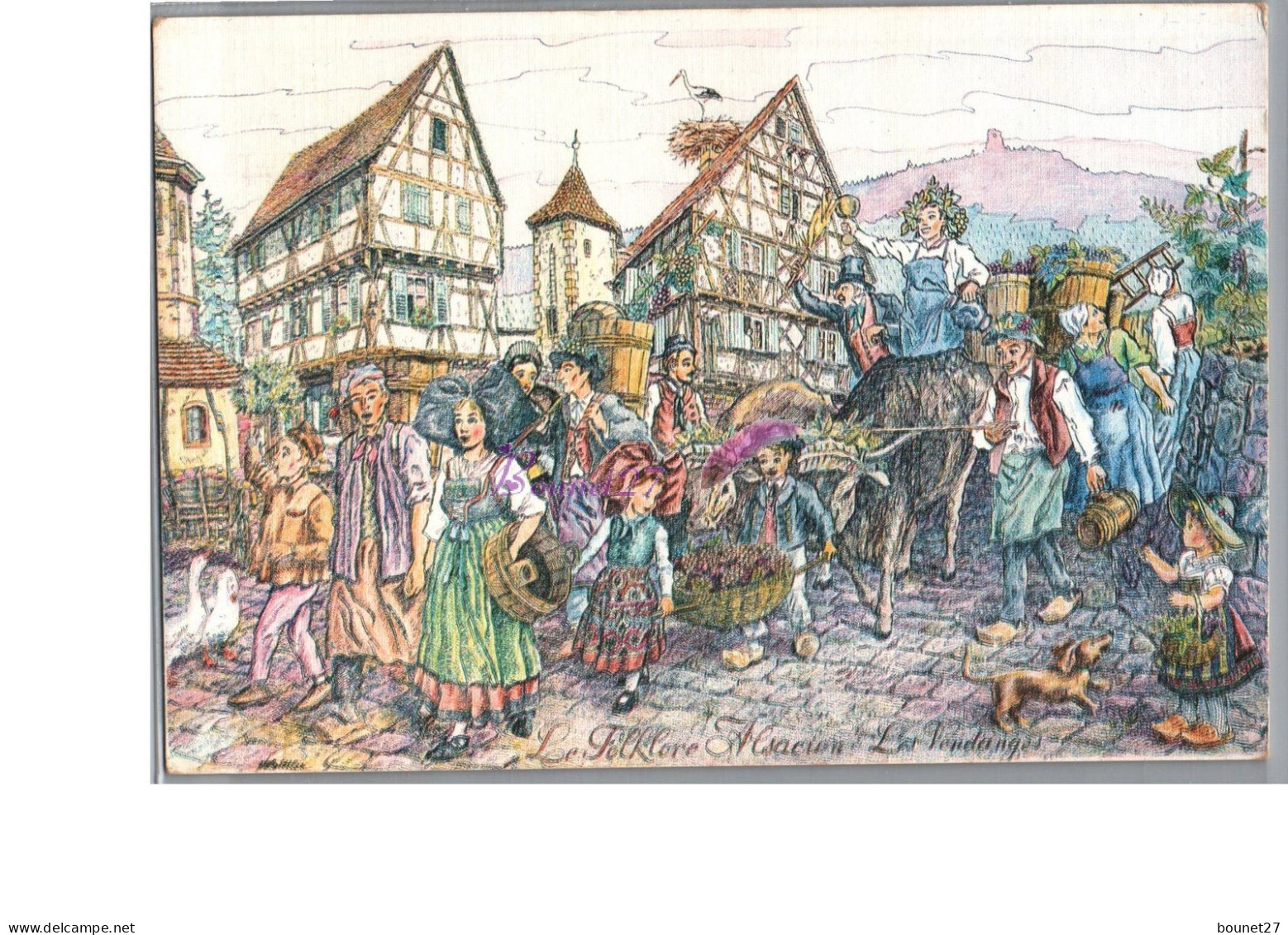 ALSACE - Illustration FOLKLORE Alsacien Les Vendanges Anfant Défilé Chien Vache Oie  Tradition - Alsace