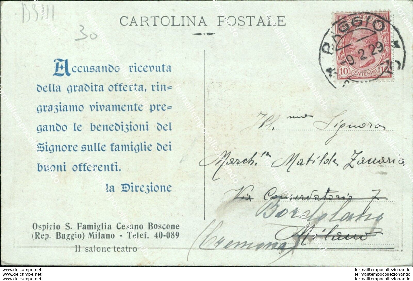 Bs111 Cartolina Milano Citta' Ospizio S.famiglia Cesano Boscone Il Salone Teatro - Milano (Mailand)