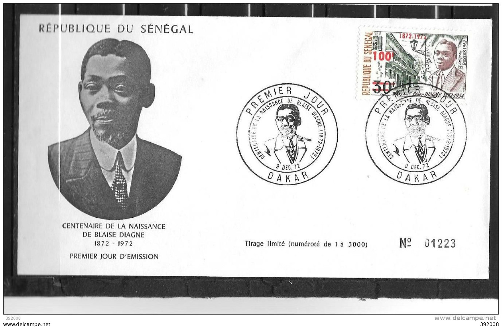 FDC - 1972 - 100 Ans Naiissance Blaise Diagne - 15 - Sénégal (1960-...)