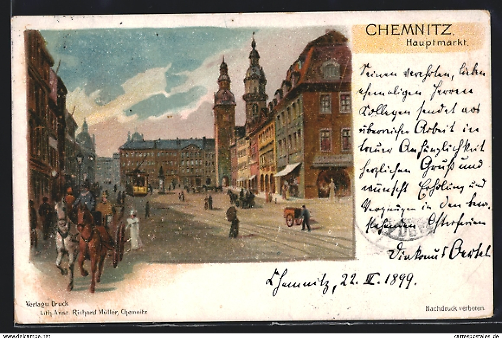 Lithographie Chemnitz, Hauptmarkt Mit Strassenbahn  - Chemnitz