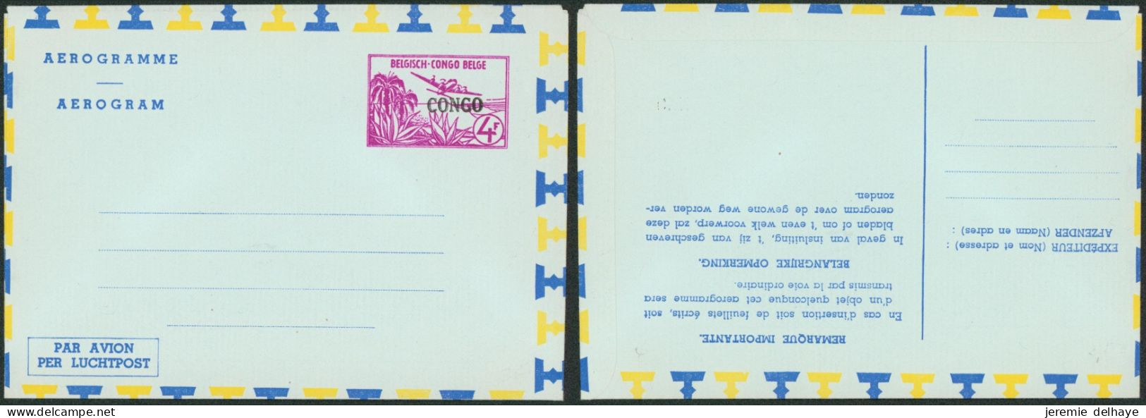 Congo Belge - Aérogramme : N°4 4F Violet Sur Turquoise Surcharge CONGO / Neuf, Not Used. - Enteros Postales