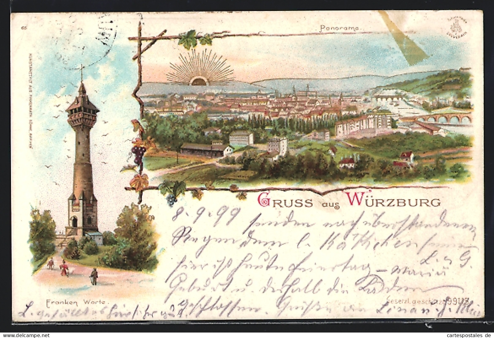 Lithographie Würzburg, Stadtpanorama, Franken Warte  - Wuerzburg
