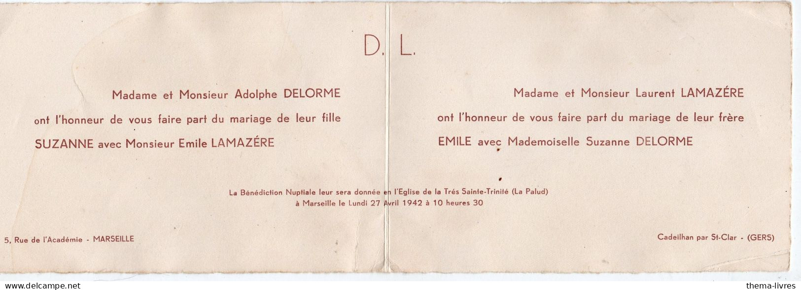 Marseille(13) Et Sant Clar (32)  Faire Part De Mariage  DELORME LAMAZERE   1942  (PPP47335) - Boda