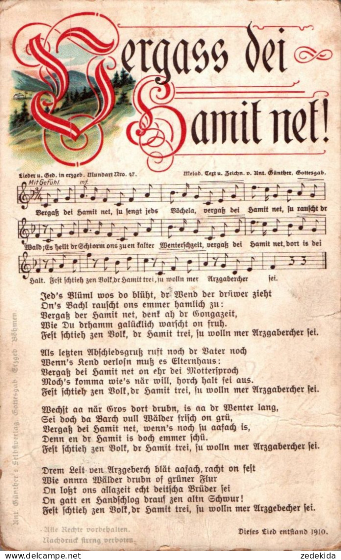 H1939 - Litho Anton Günther Liedkarte - Vergaß Mei Hamit Net - Gottesgab Sudentengau - Muziek En Musicus