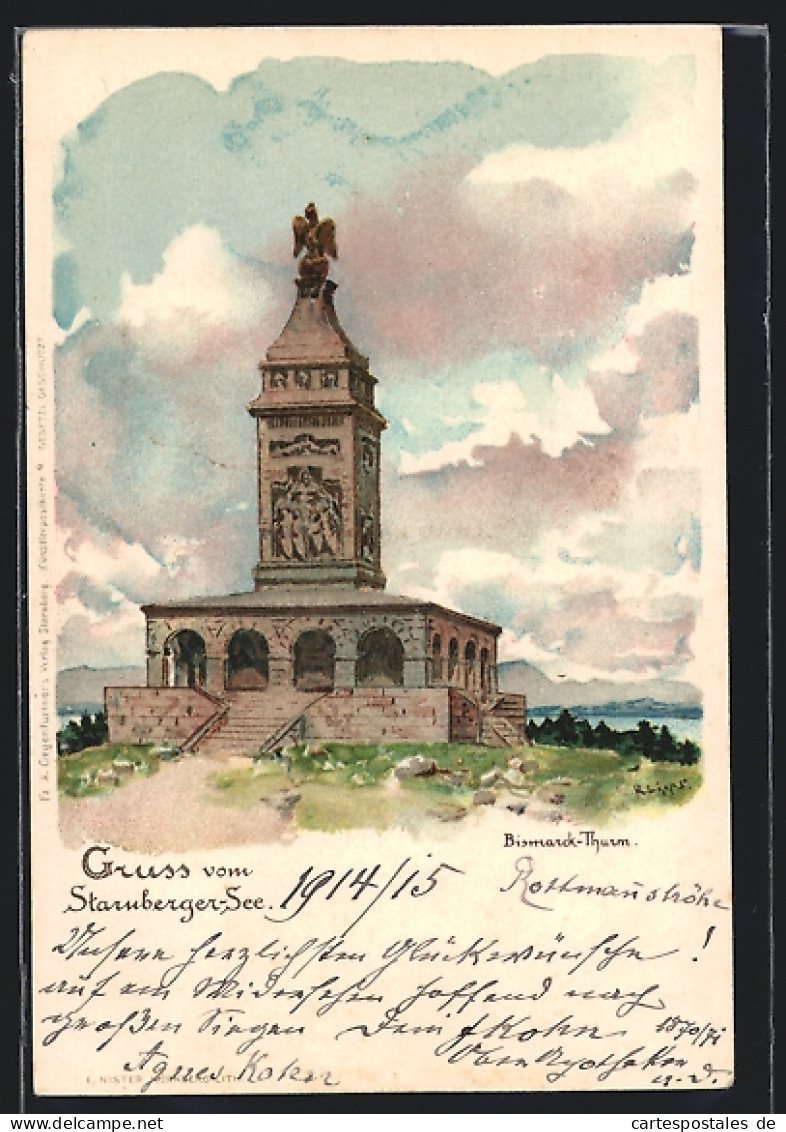 Lithographie Starnberg, Bismarck-Turm Am Starnberger See  - Starnberg
