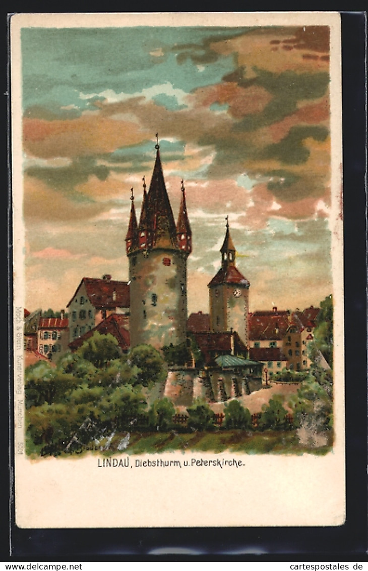 Lithographie Lindau / Bodensee, Diebsthurm Und Peterskirche  - Lindau A. Bodensee