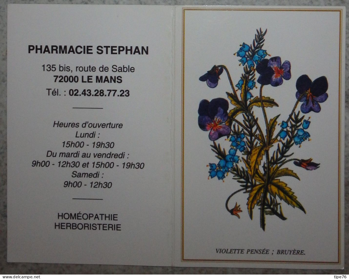 Petit Calendrier De Poche  1998 Fleur Violette Pensée Pharmacie Homéopathie Le Mans Sarthe - Tamaño Pequeño : 1991-00