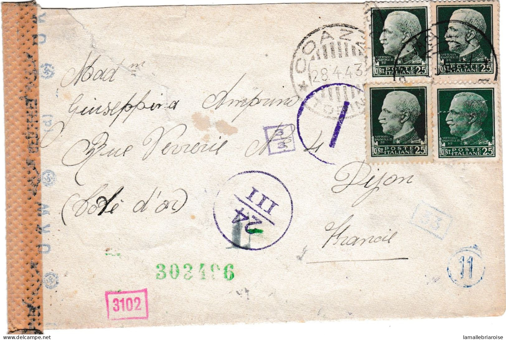 Italie, Enveloppe Avec Courrier De COAZZE Du 28/4/43 Pour Dijon, Marques De Censure - Poste Militaire (PM)