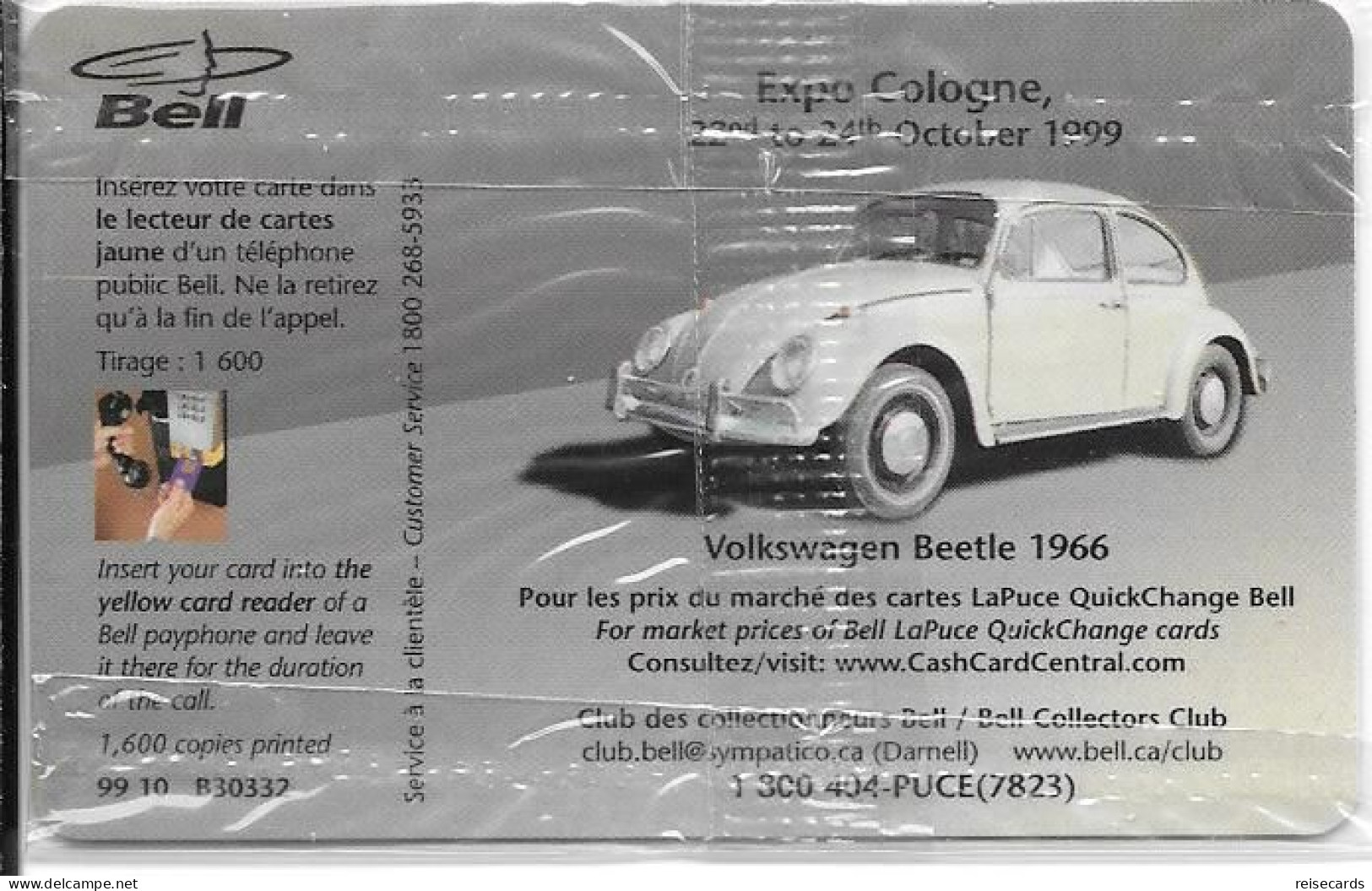 Canada: Bell - Philatelia With Telecard Expo Köln 1999 - Volksagen Beetle 1966. Mint - Canada
