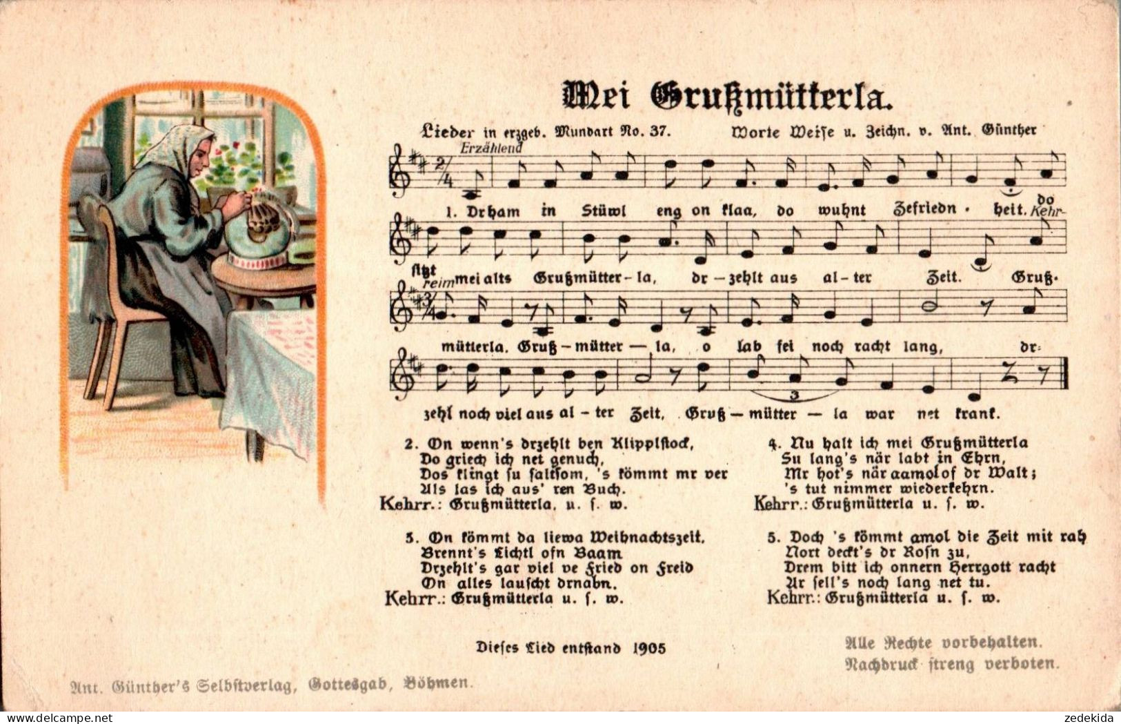 H1941 - Litho Anton Günther Liedkarte - Mei Grußmütterla - Gottesgab Sudentengau - Muziek En Musicus