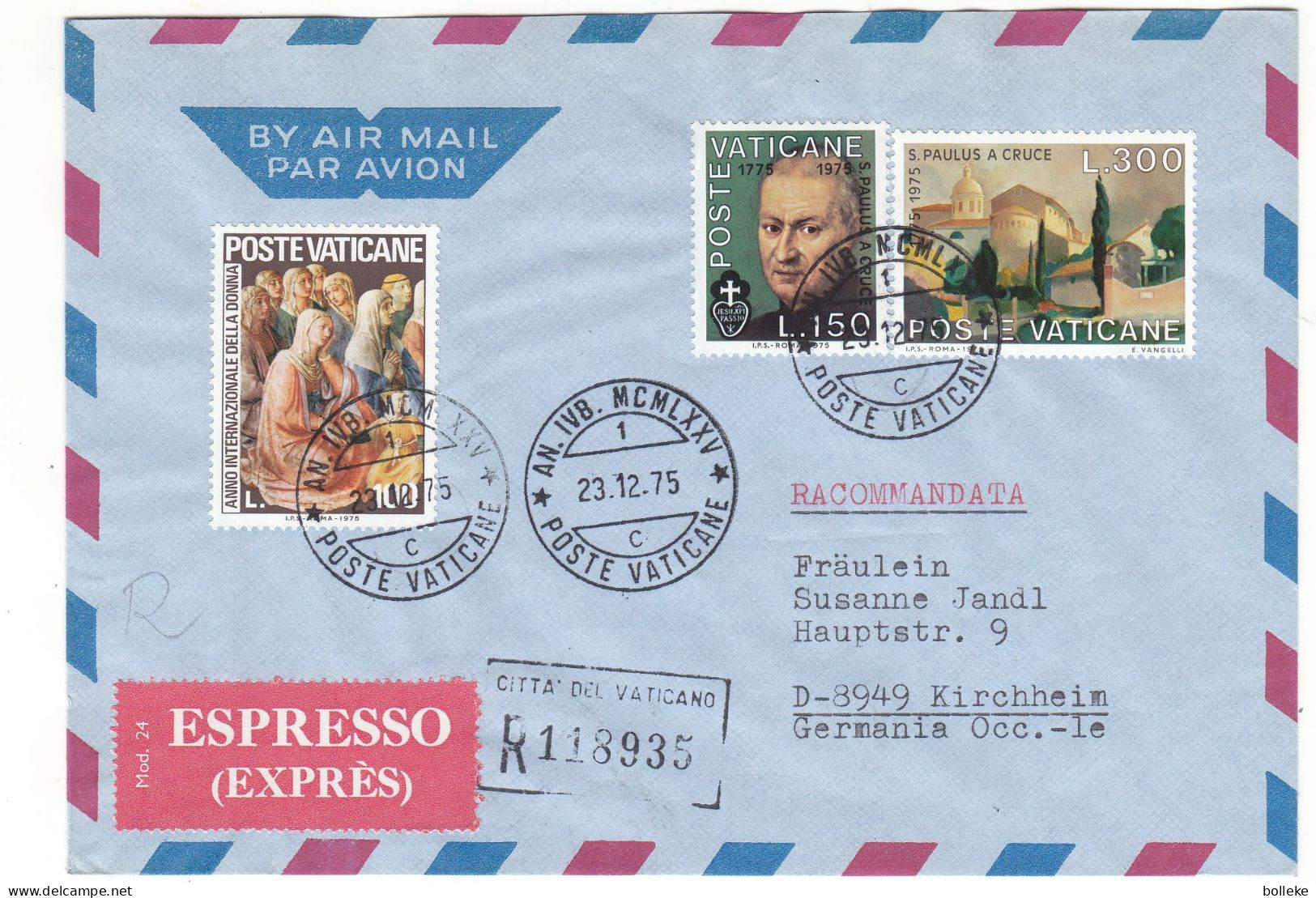 Vatican - Lettre Recom Exprès De 1975 - Oblit Poste Vaticane - - Cartas & Documentos