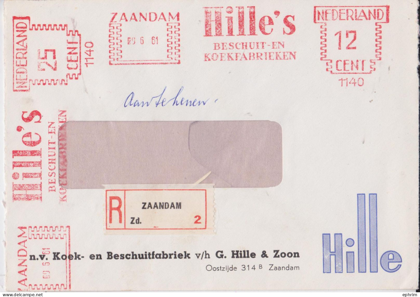 Zaandam Hille's Nederland Ema Red Meter Machine Mail Stampless Registered Cover Lettre Affranchissement Mécanique 1961 - Machines à Affranchir (EMA)