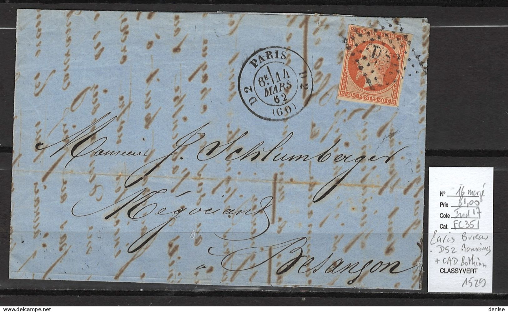 France - Lettre Paris DS2 Romaines Pour Besançon - 1862 - Yvert 14 - 1849-1876: Classic Period